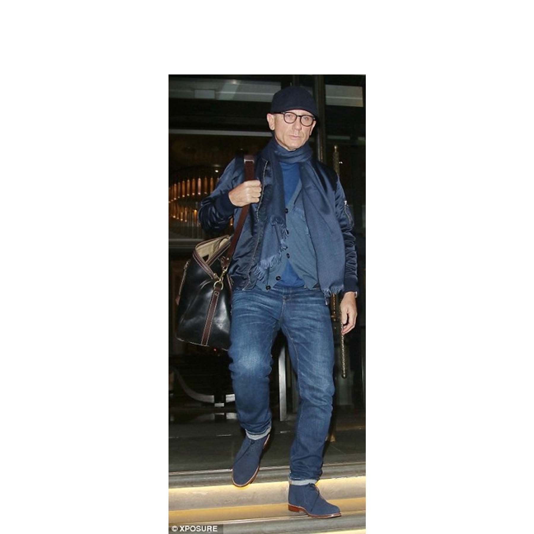 Daniel Craig wears Emma Willis Midnight Cashmere Scarf during Spectre Tour - Emma Willis