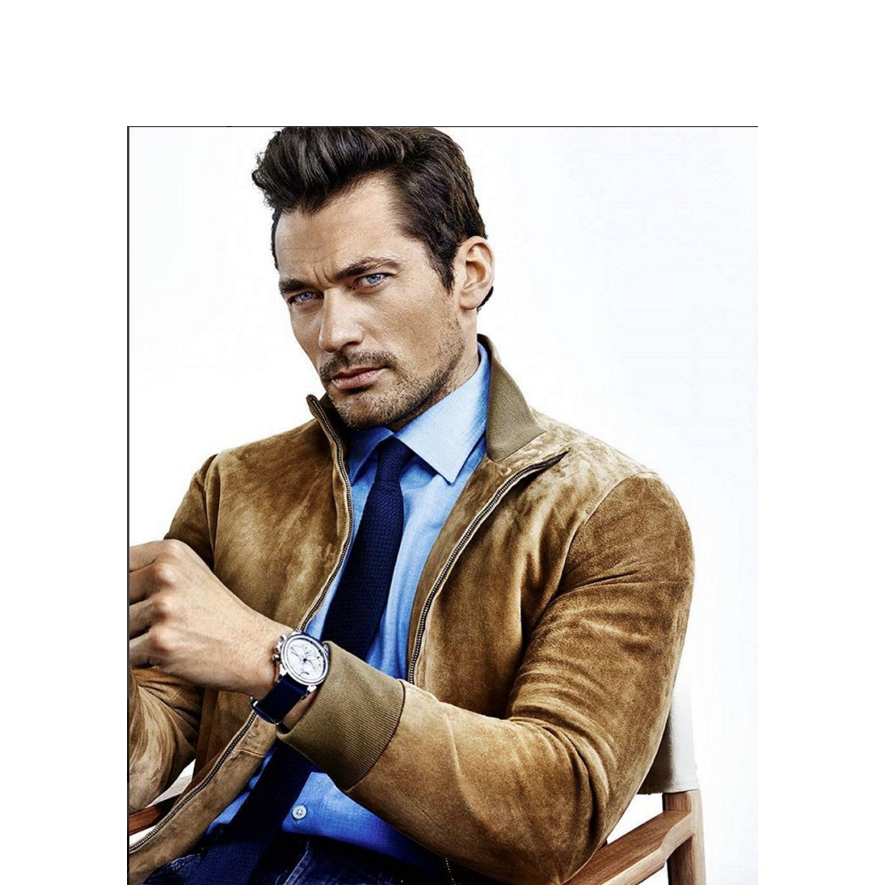 David Gandy wears Emma Willis Lapis Blue Linen Shirt and Navy Grenadine Silk Tie for Vita Biotics Campaign shot - Emma Willis