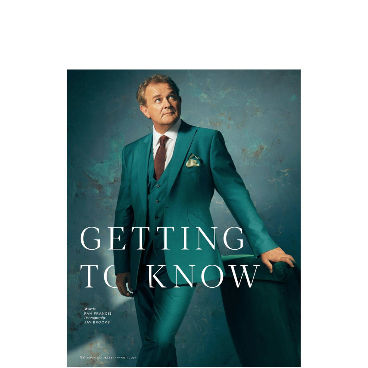 Hugh Bonneville wears Emma Willis White Poplin shirt on the cover of Saga Magazine