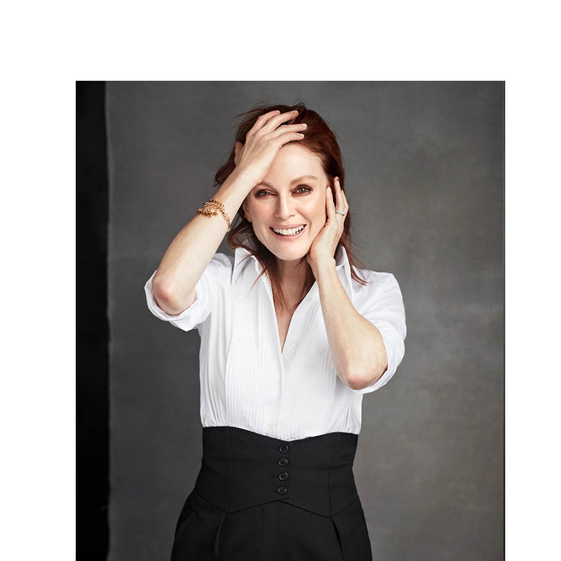 Julianne Moore wears Emma Willis White Pleated Bib Evening shirt in this month’s Rake Magazine - Emma Willis