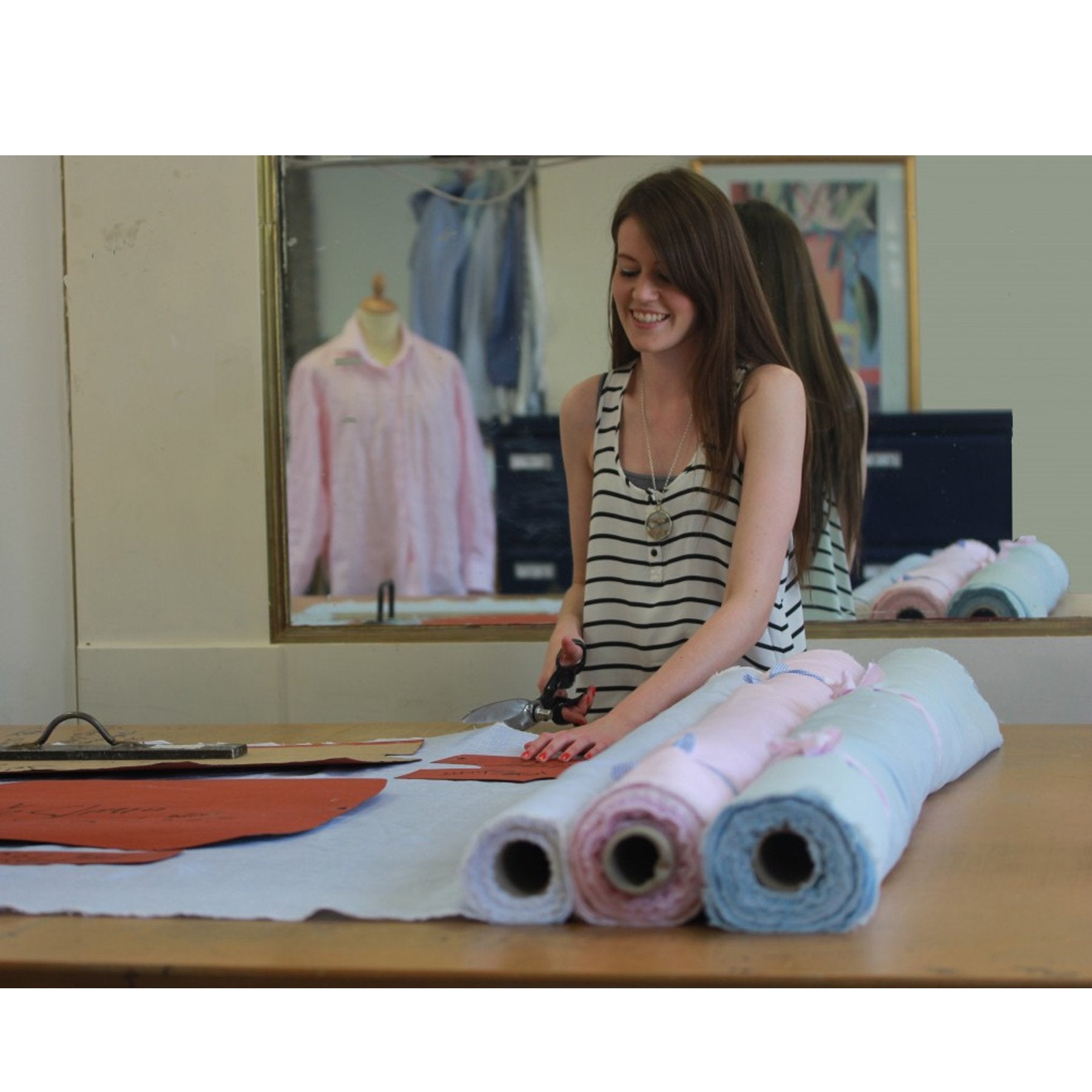 Megan cutting our Summer Irish Linen Shirts - Emma Willis