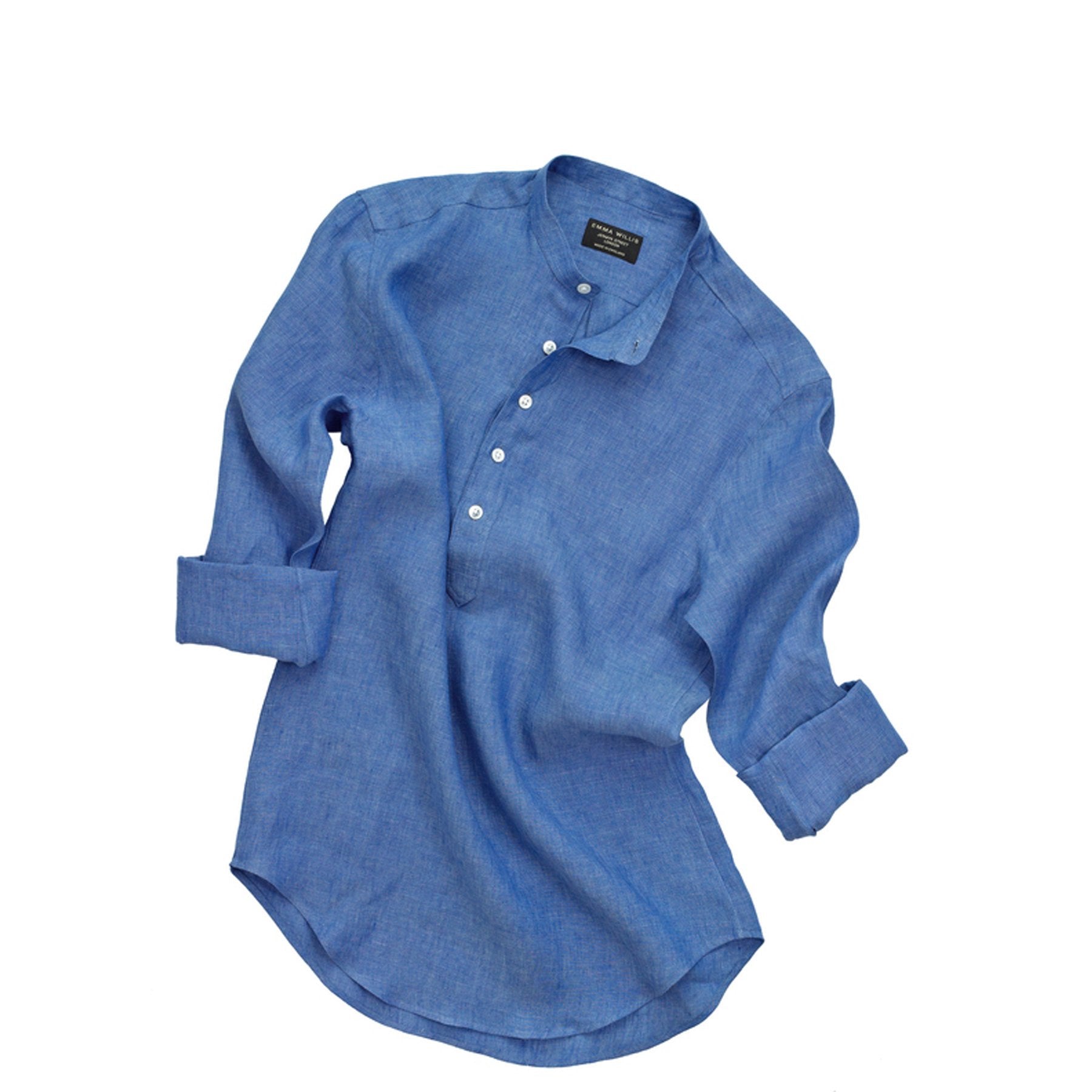 “New takes on collarless shirts.” – Tom Stubbs for Financial Times, How to Spend It - Emma Willis
