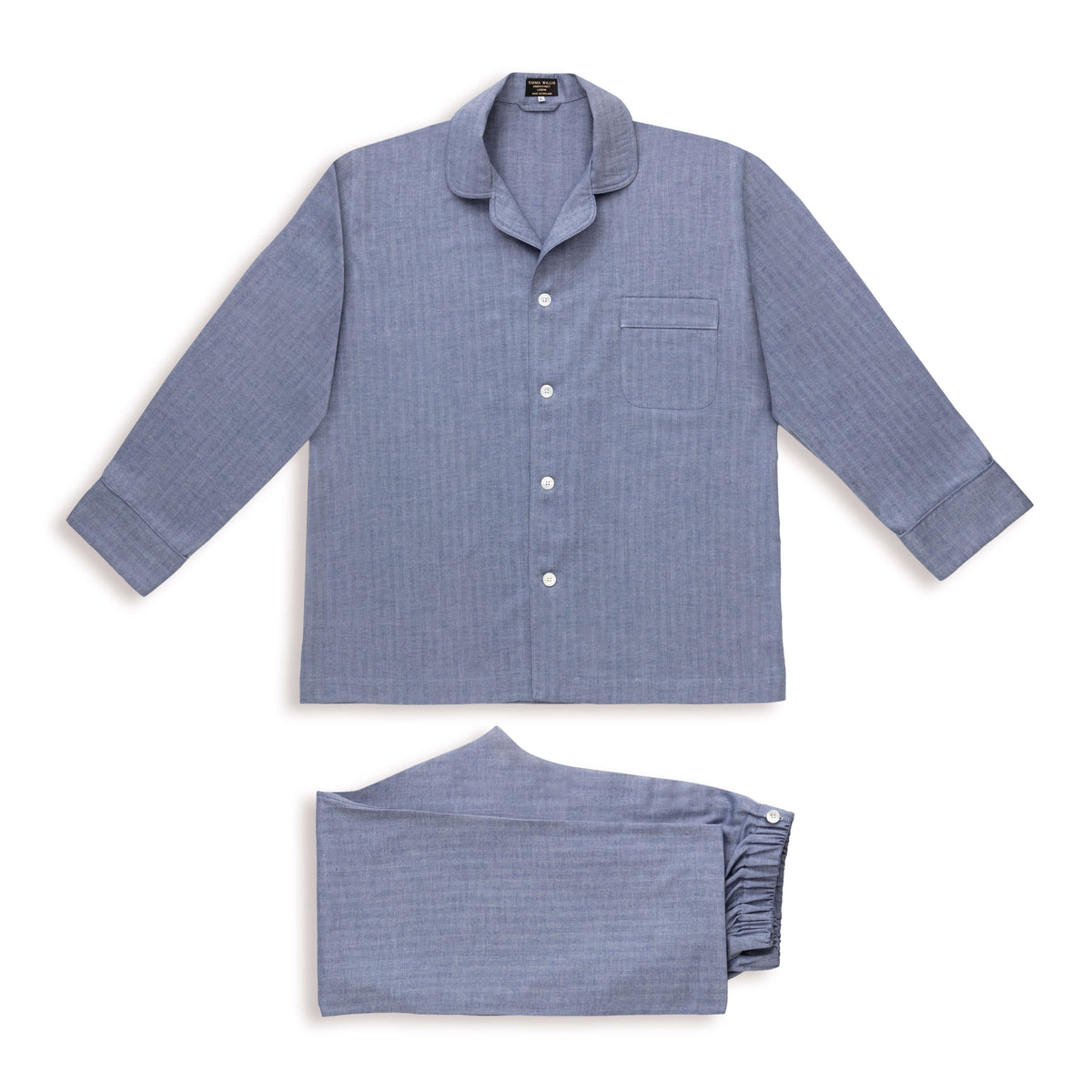 Blue Herringbone Wool Cotton Blend Pyjamas - New