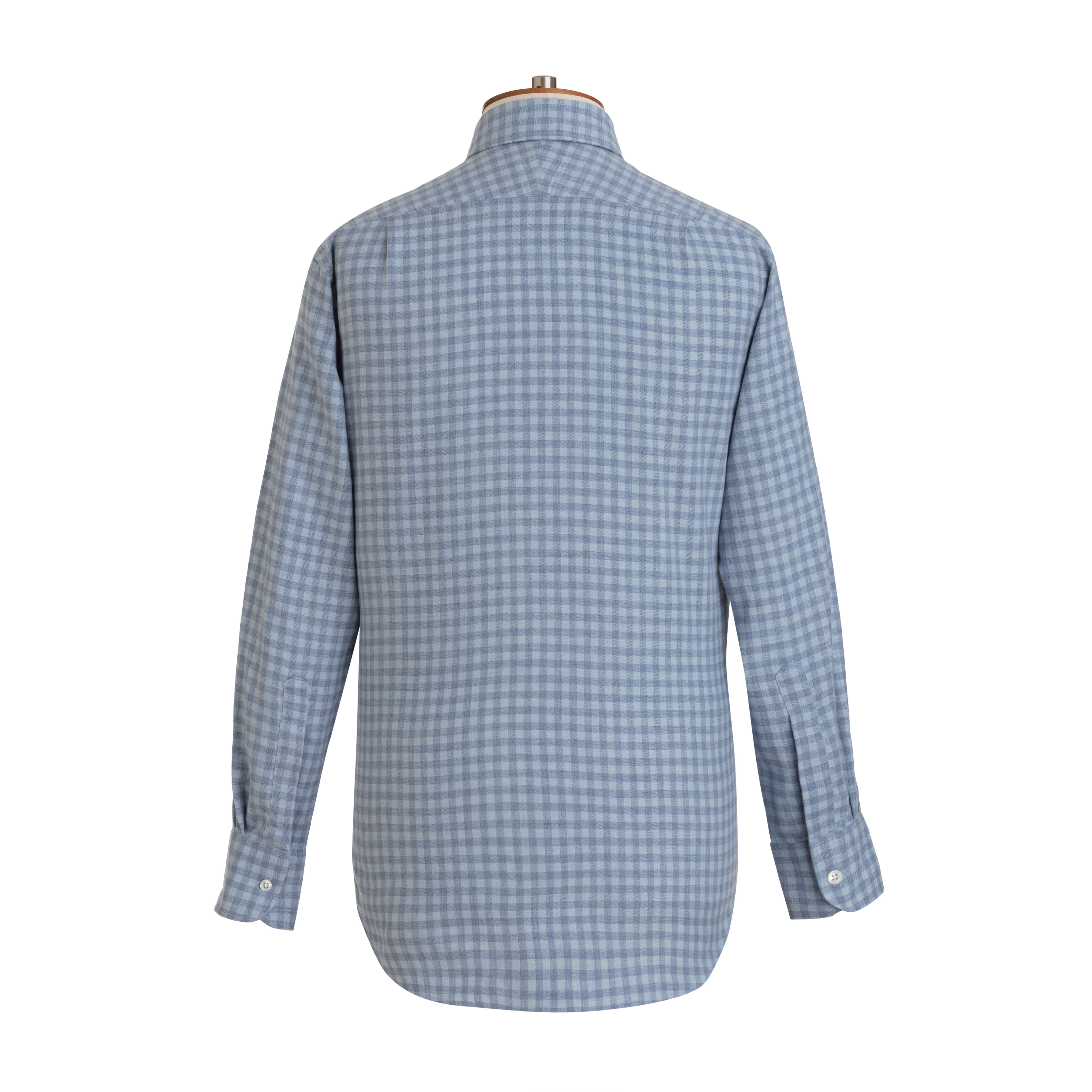 Pale Blue Gingham Wool Cotton Blend Shirt - New