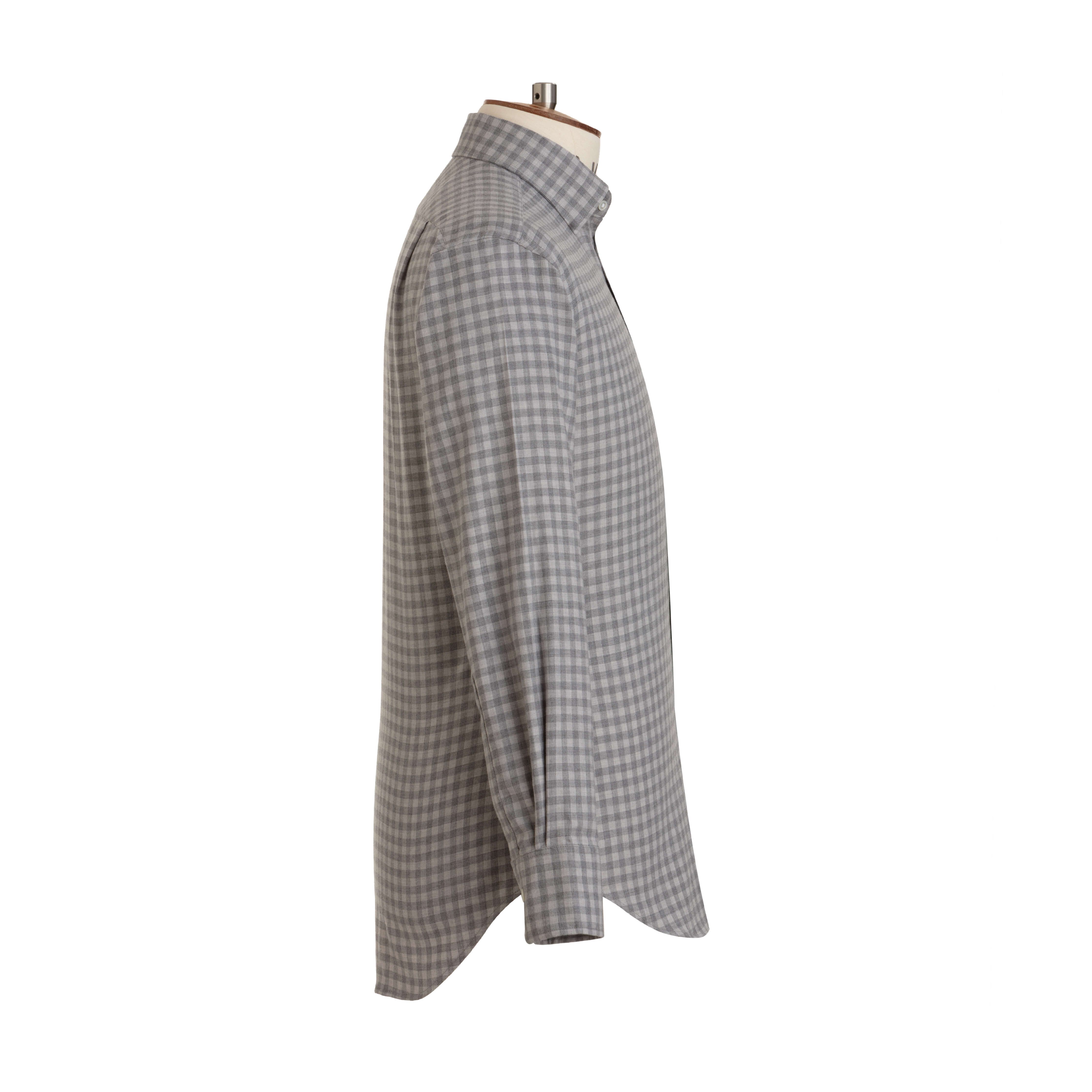 Pale Grey Gingham Wool Cotton Blend Shirt - New