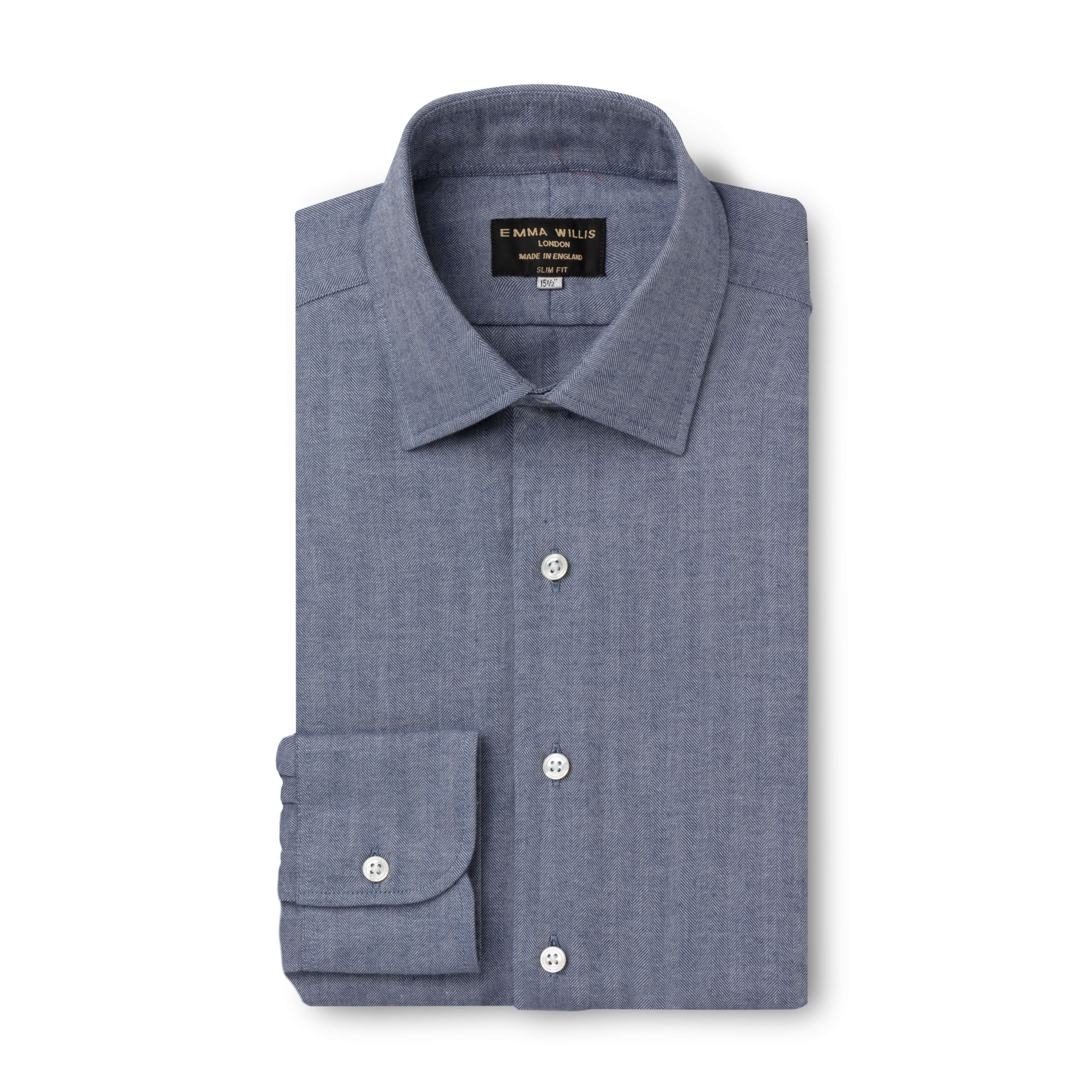 Blue Herringbone Wool Cotton Blend Shirt - New