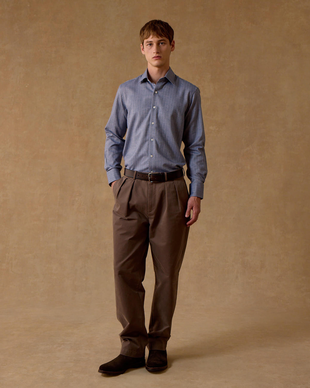 Blue Herringbone Wool Cotton Blend Shirt - New