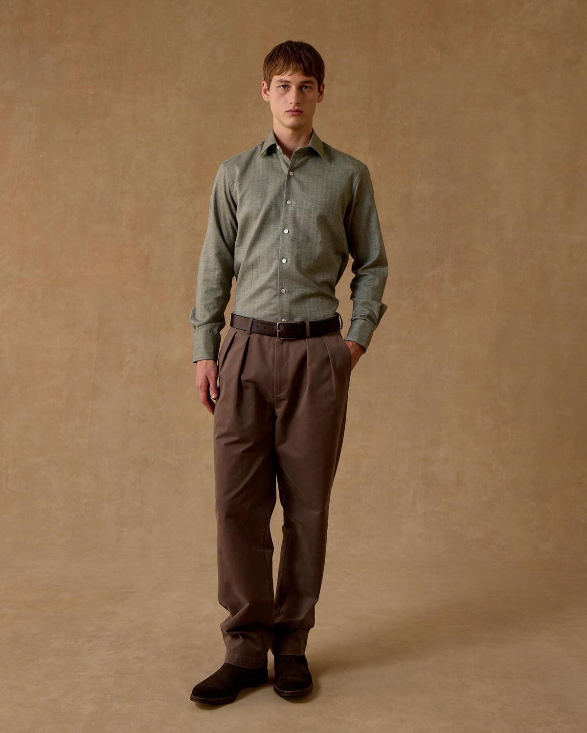 Moss Herringbone Wool Cotton Blend Shirt - New