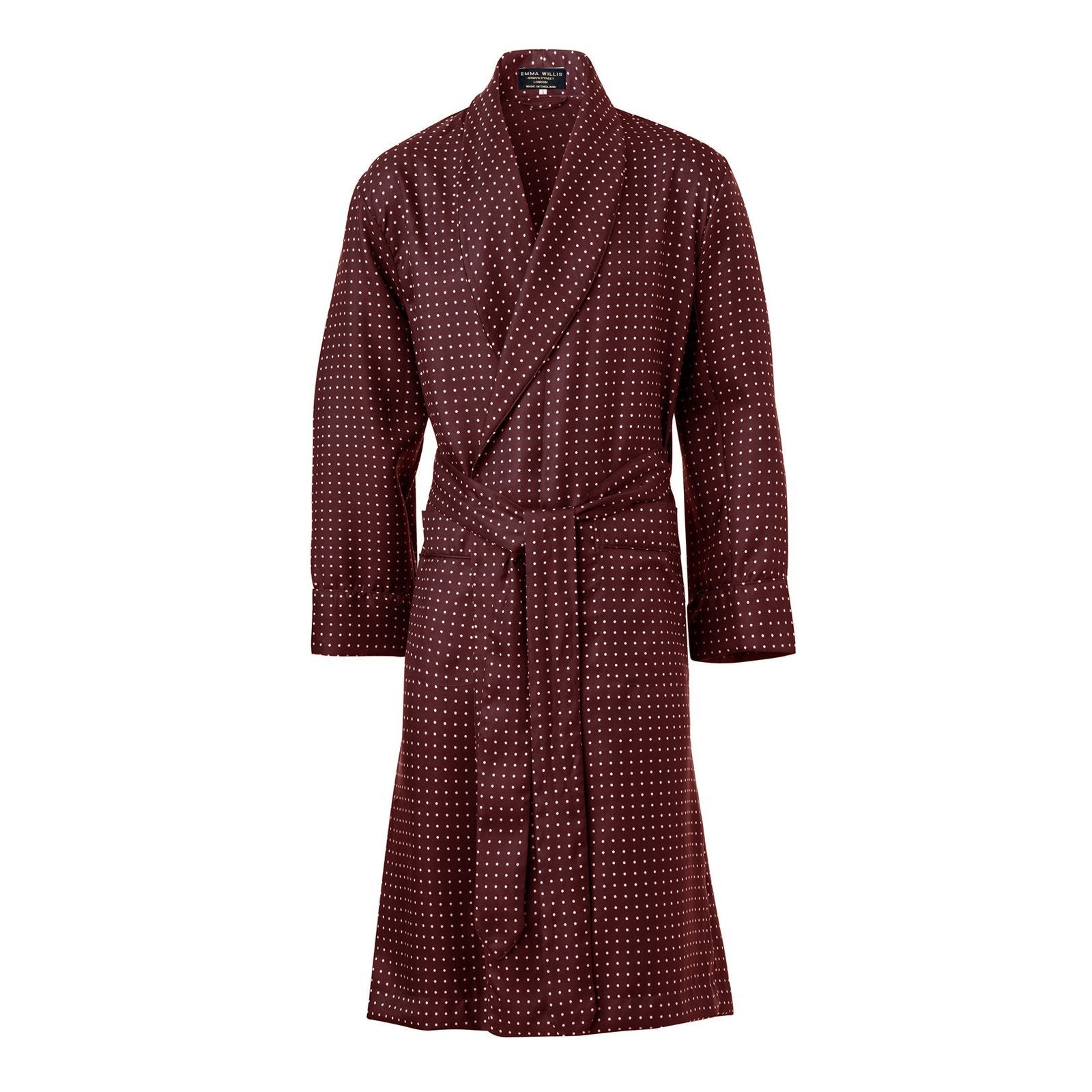 Burgundy and White Spot Silk Dressing Gown - New Collection - Emma Willis