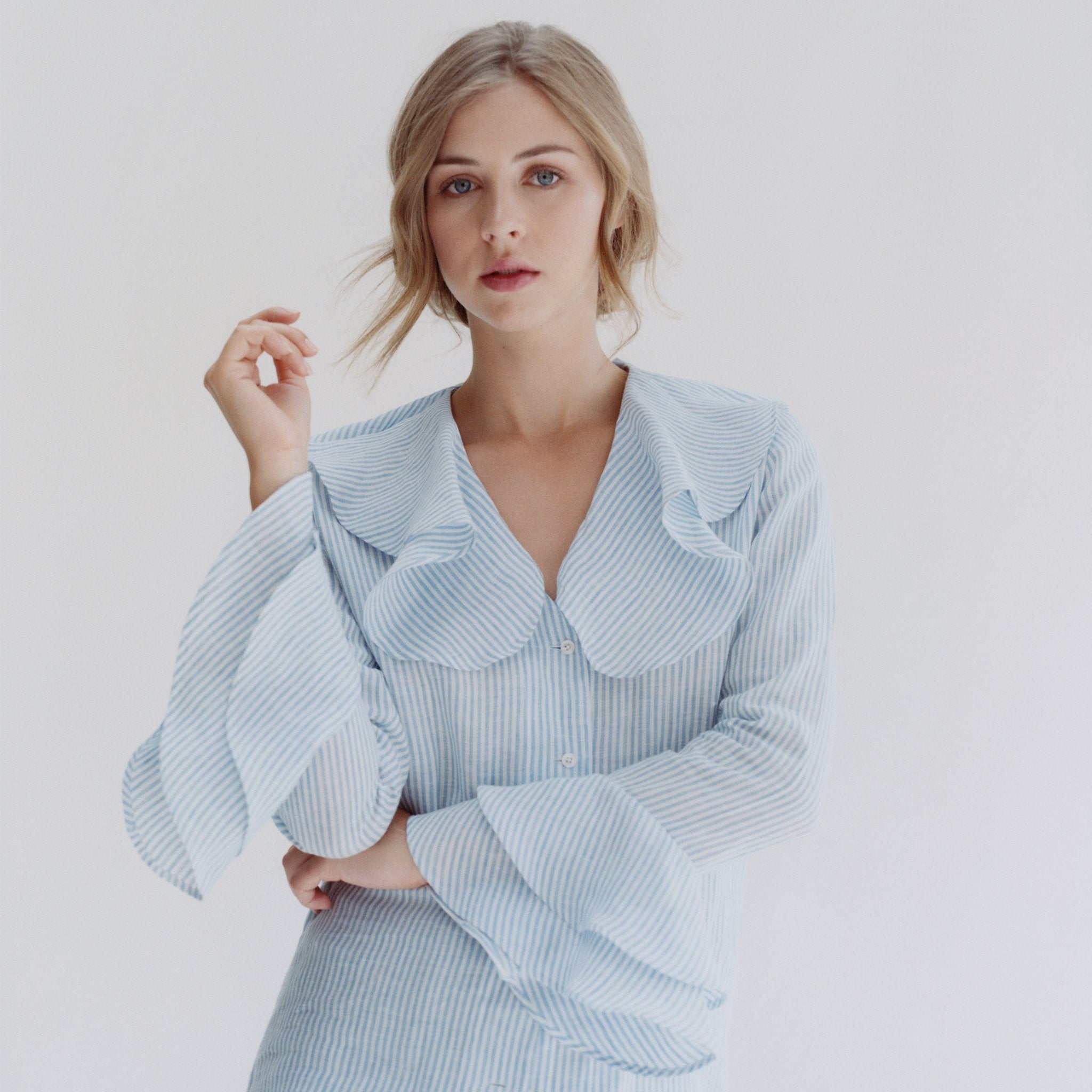 Sky Bengal Stripe Linen Ruffle Shirt freeshipping - Emma Willis