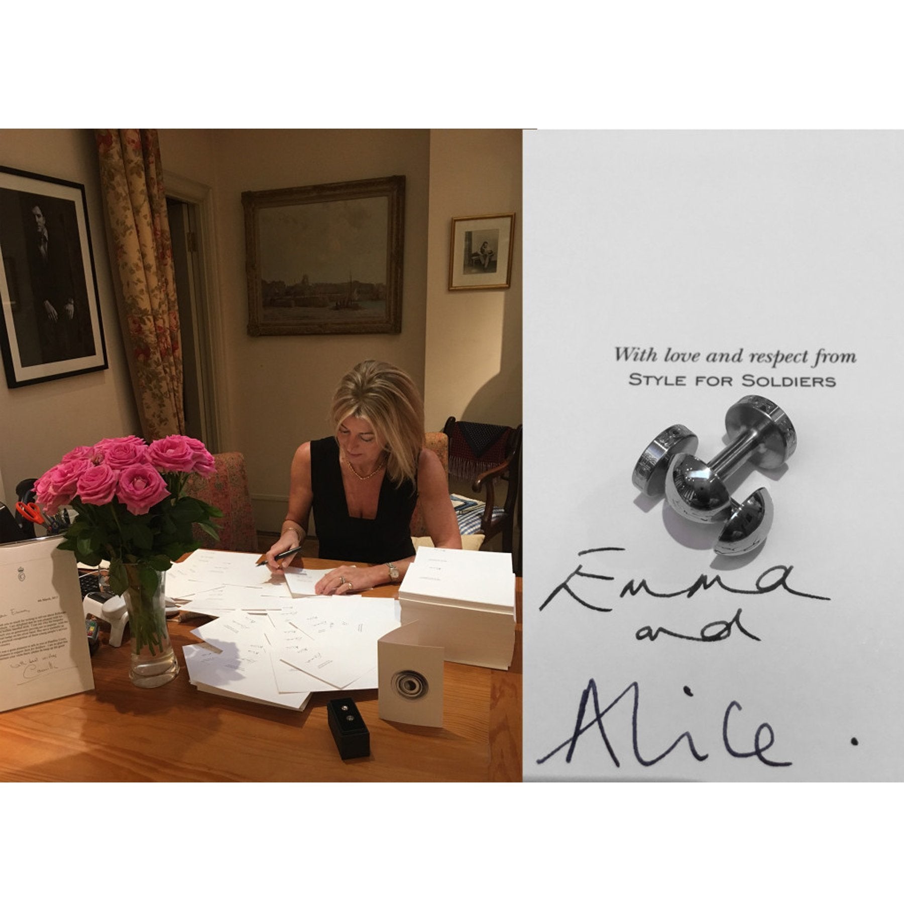 Emma and Alice sign the cards today for the Style for Soldiers Alice Made This specially designed cufflinks to send to the injured servicemen as a Christmas gift and to wear for the party. - Emma Willis