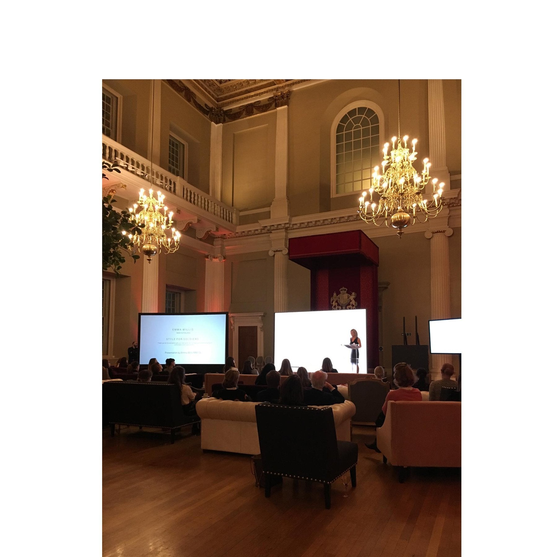 Emma invited as Inspirational Speaker at Banqueting House, Whitehall in London today followed by Drinks reception serving Coates and Seely pink champagne and Rhubarb canapés. - Emma Willis