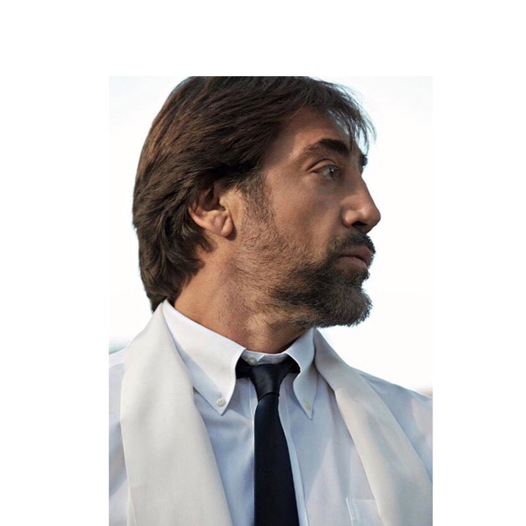 Javier Bardem wears our Emma Willis Ivory Silk Scarf in September’s L’uomo Vogue - Emma Willis