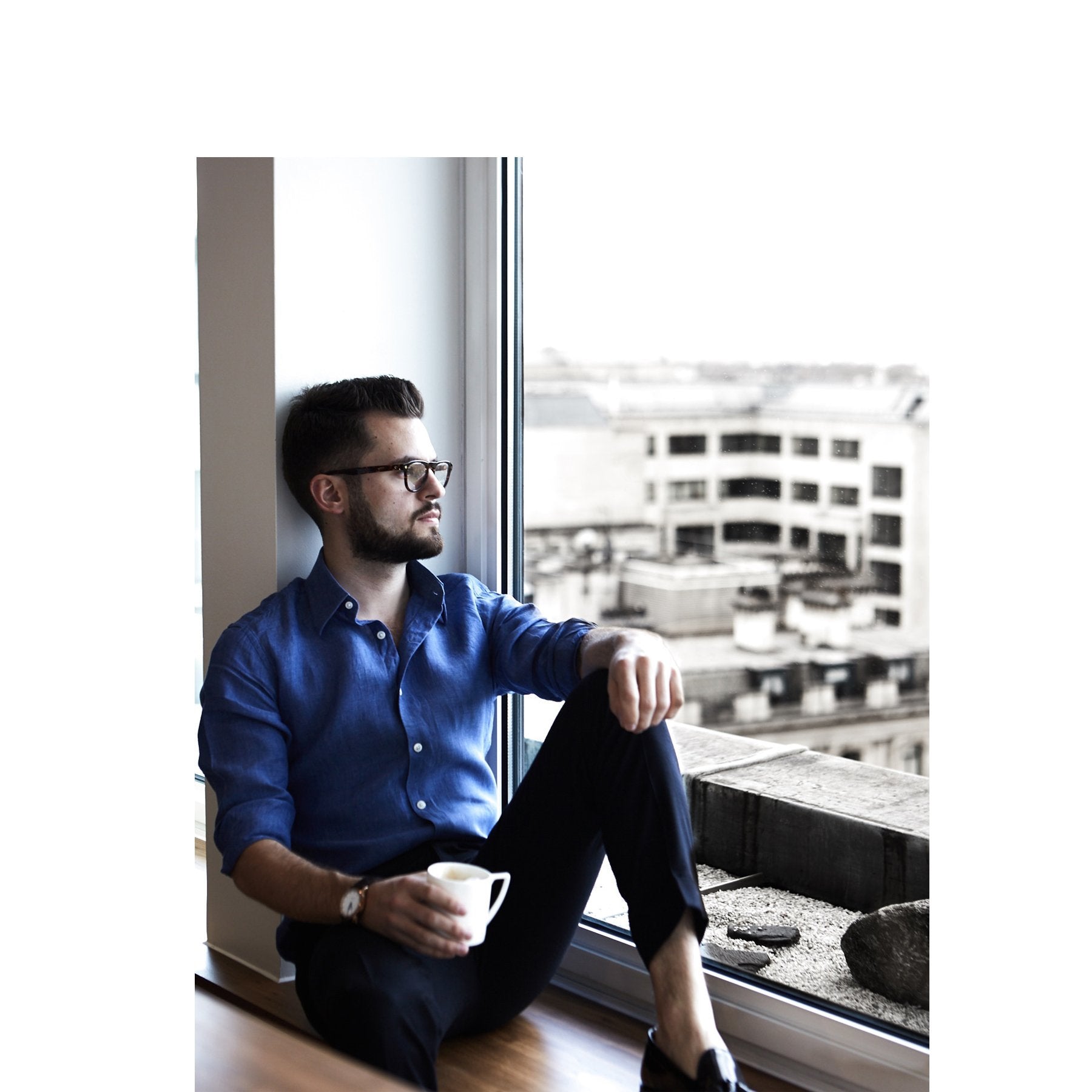 Stylist Daniel Johnson wears our Lapis Blue Linen Shirt in recent photo shoot at Como Hotels – photography by Conor Clinch - Emma Willis