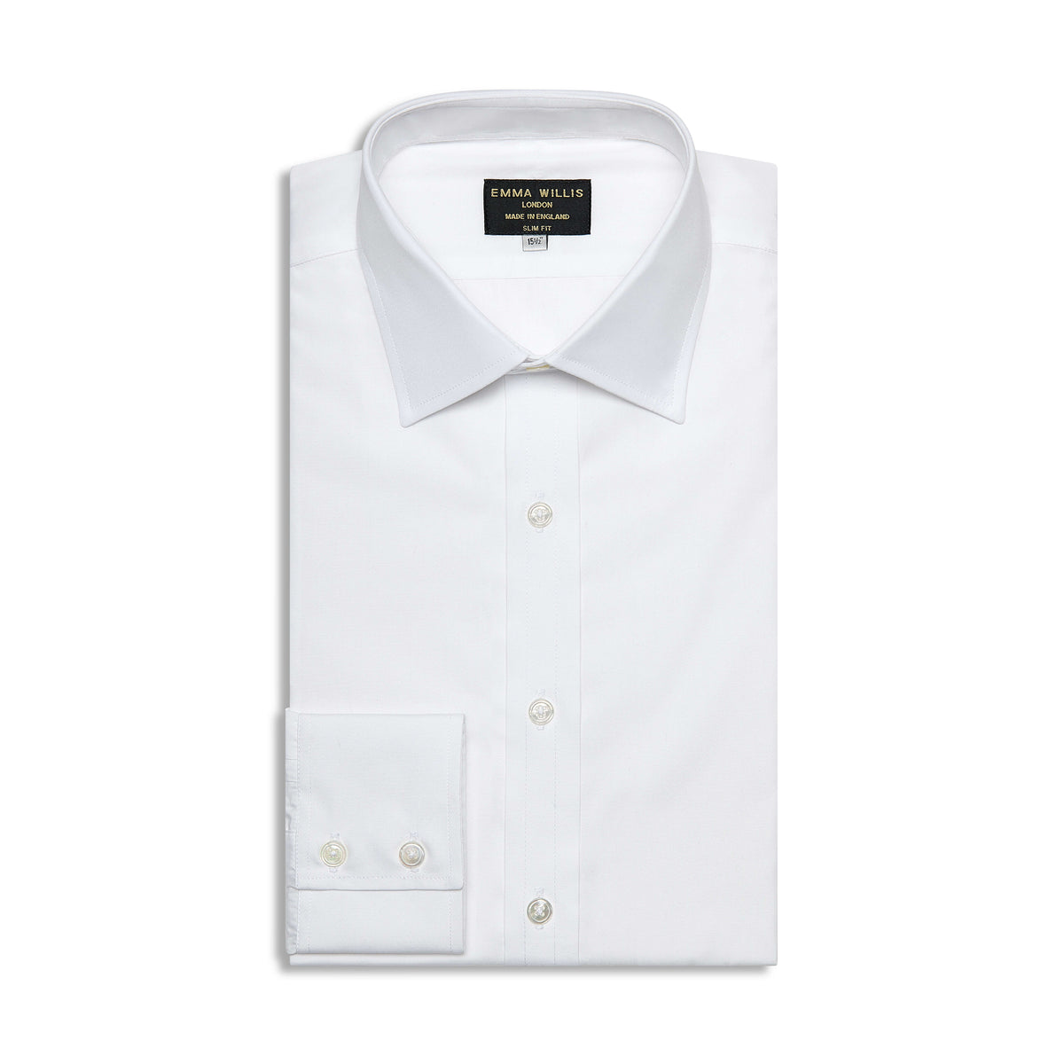 A white poplin cotton shirt with a classic collar and double cuffs, shown flat.