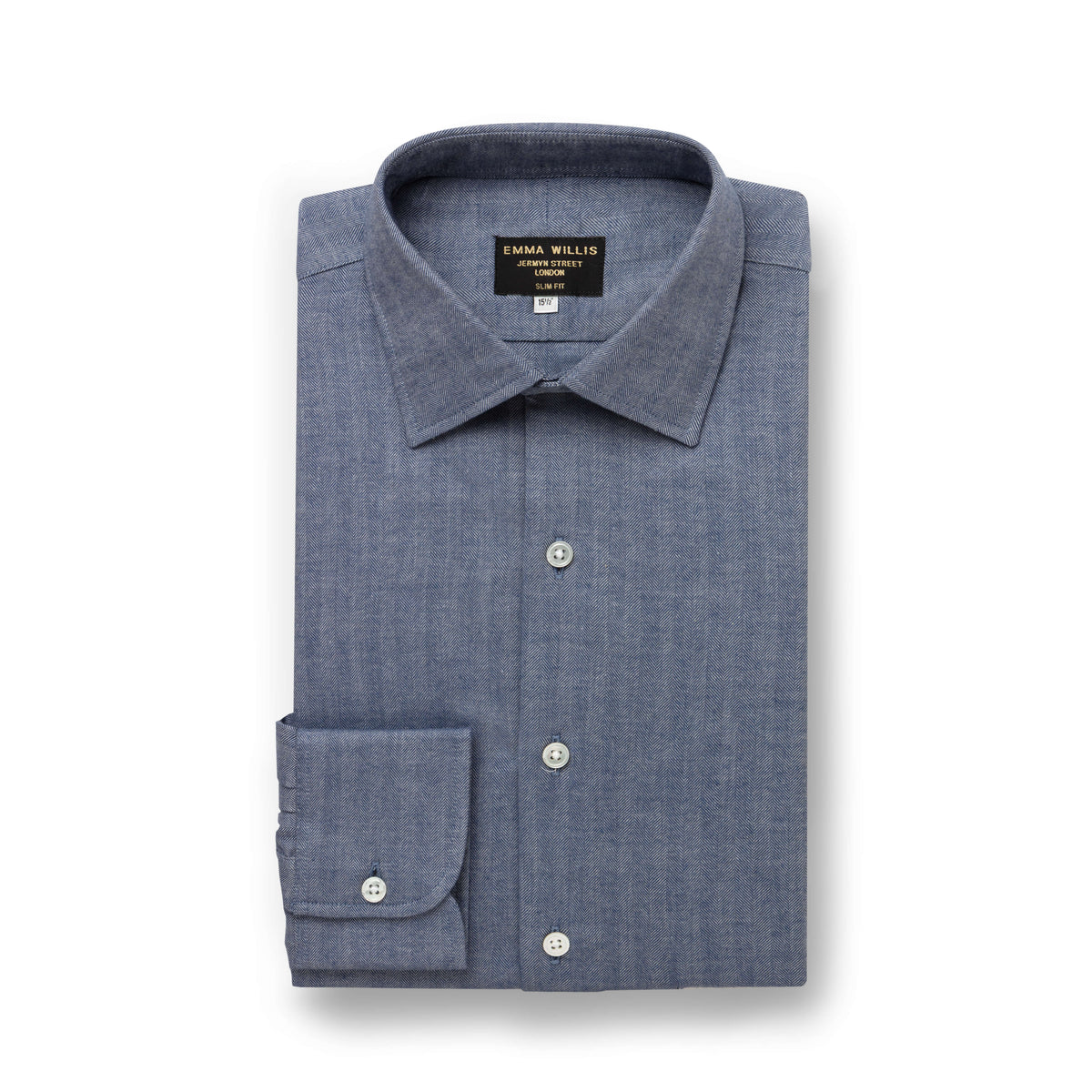 Blue Herringbone Wool Cotton Blend Shirt - New