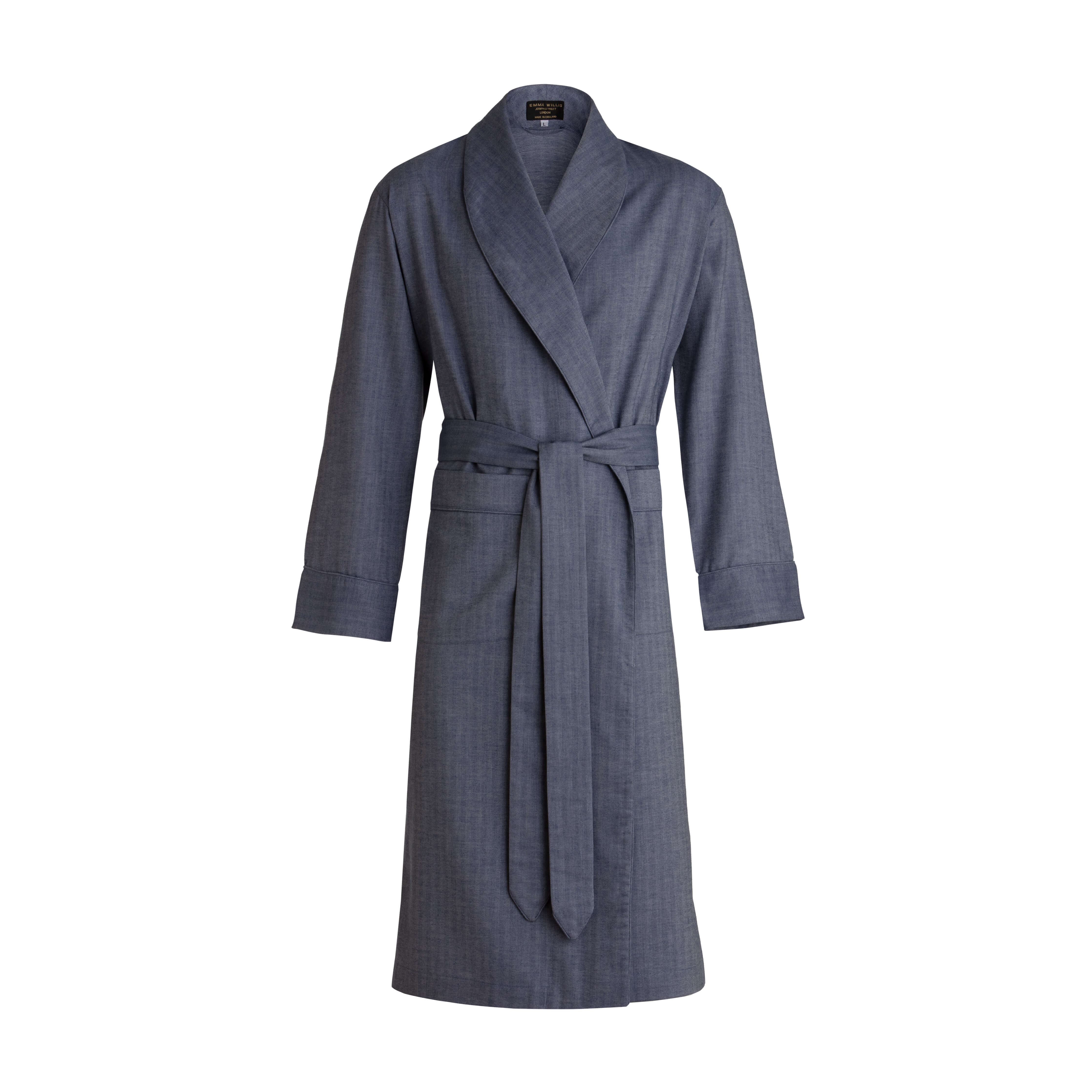 Blue Herringbone Wool Cotton Blend Dressing Gown - New