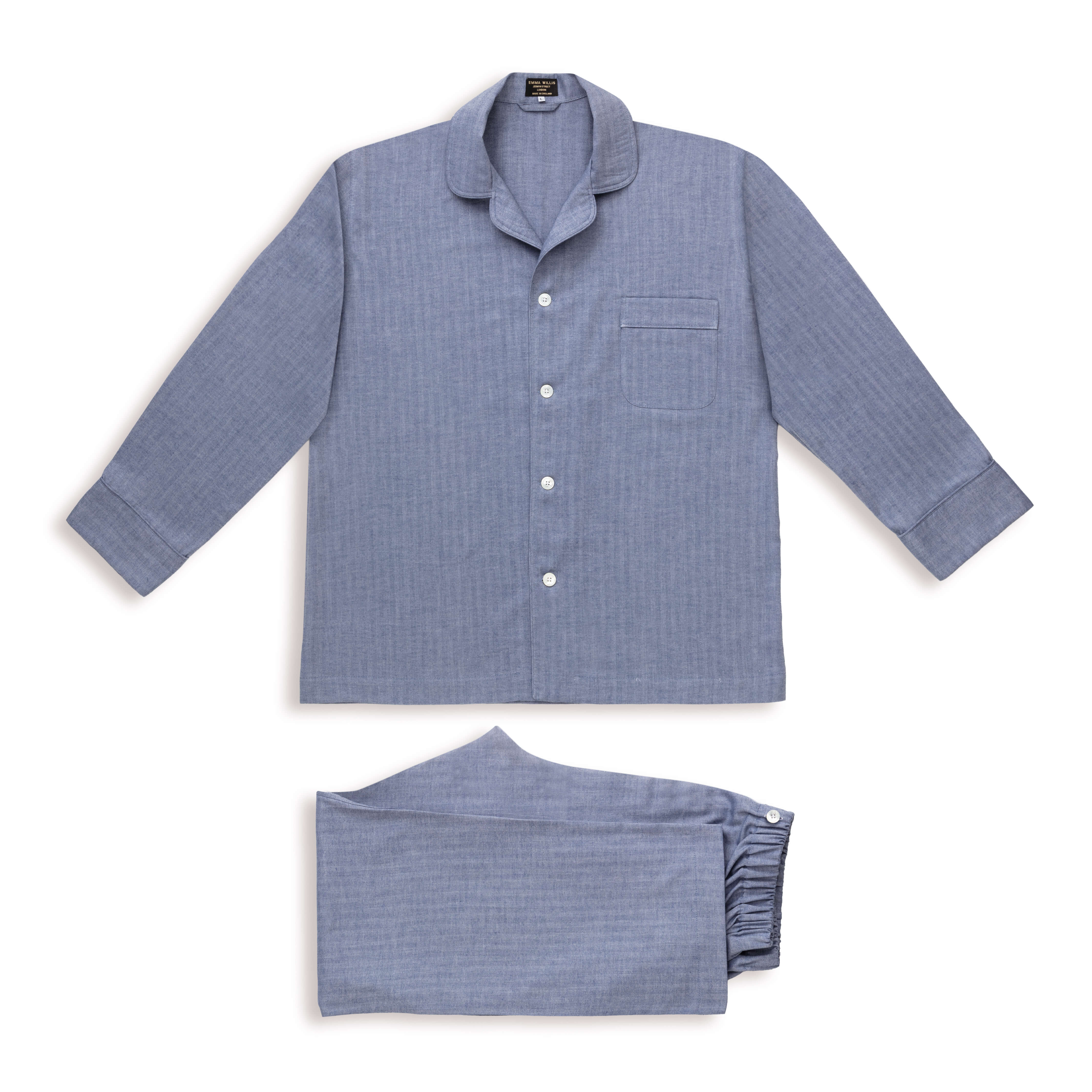 Blue Herringbone Wool Cotton Blend Pyjamas - New