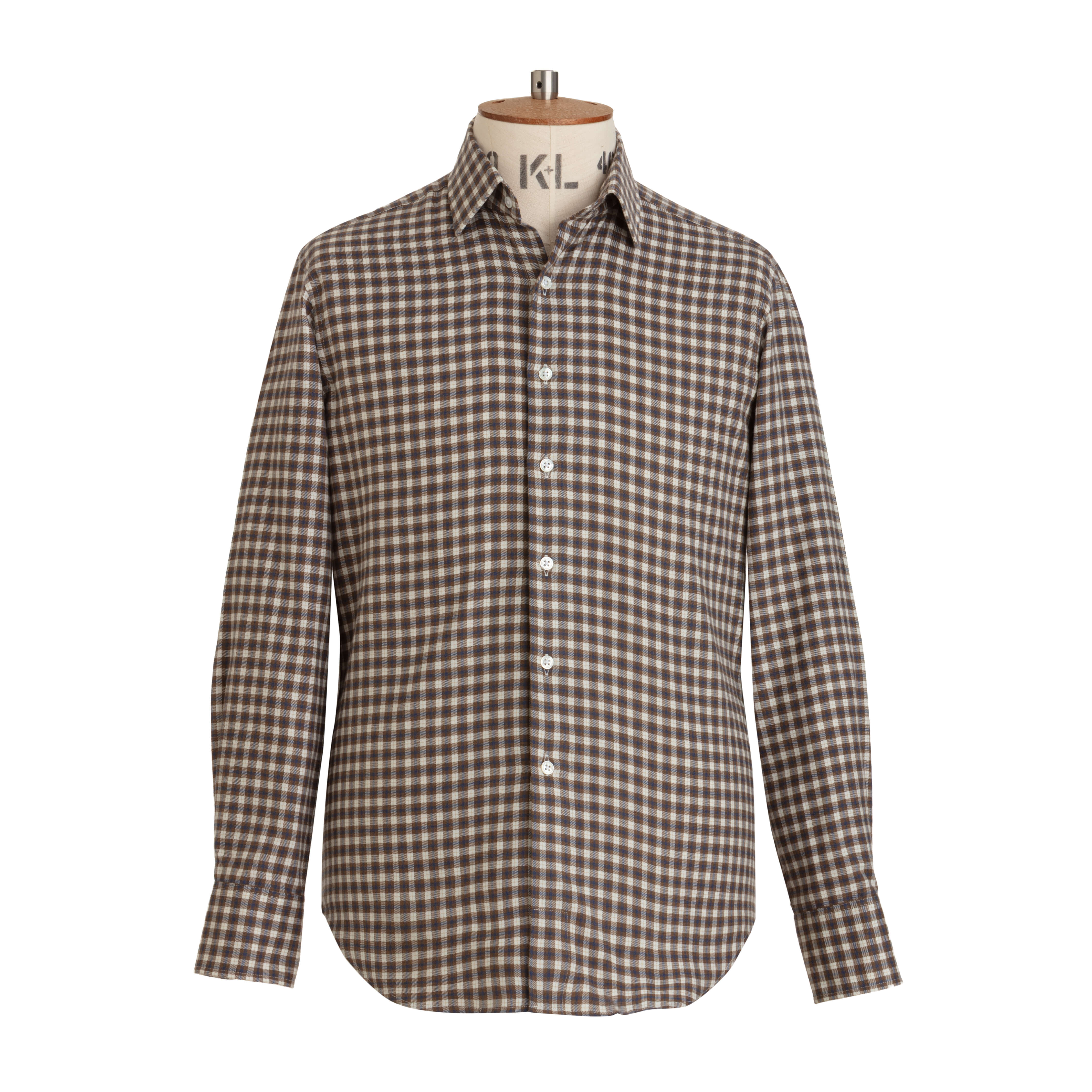 Blue/Ochre Check Wool Cotton Blend Shirt - New