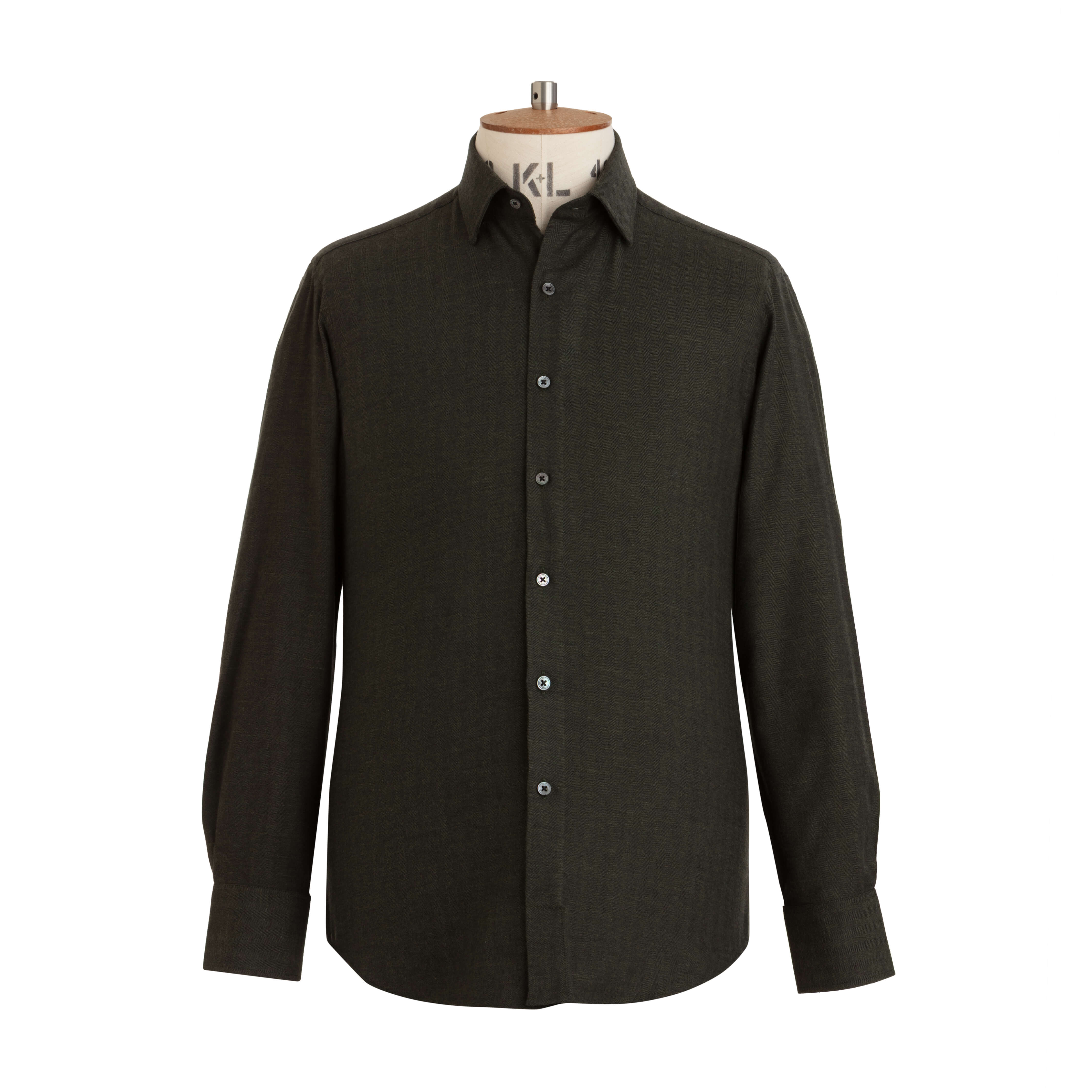 Khaki Herringbone Wool Cotton Blend Shirt - New