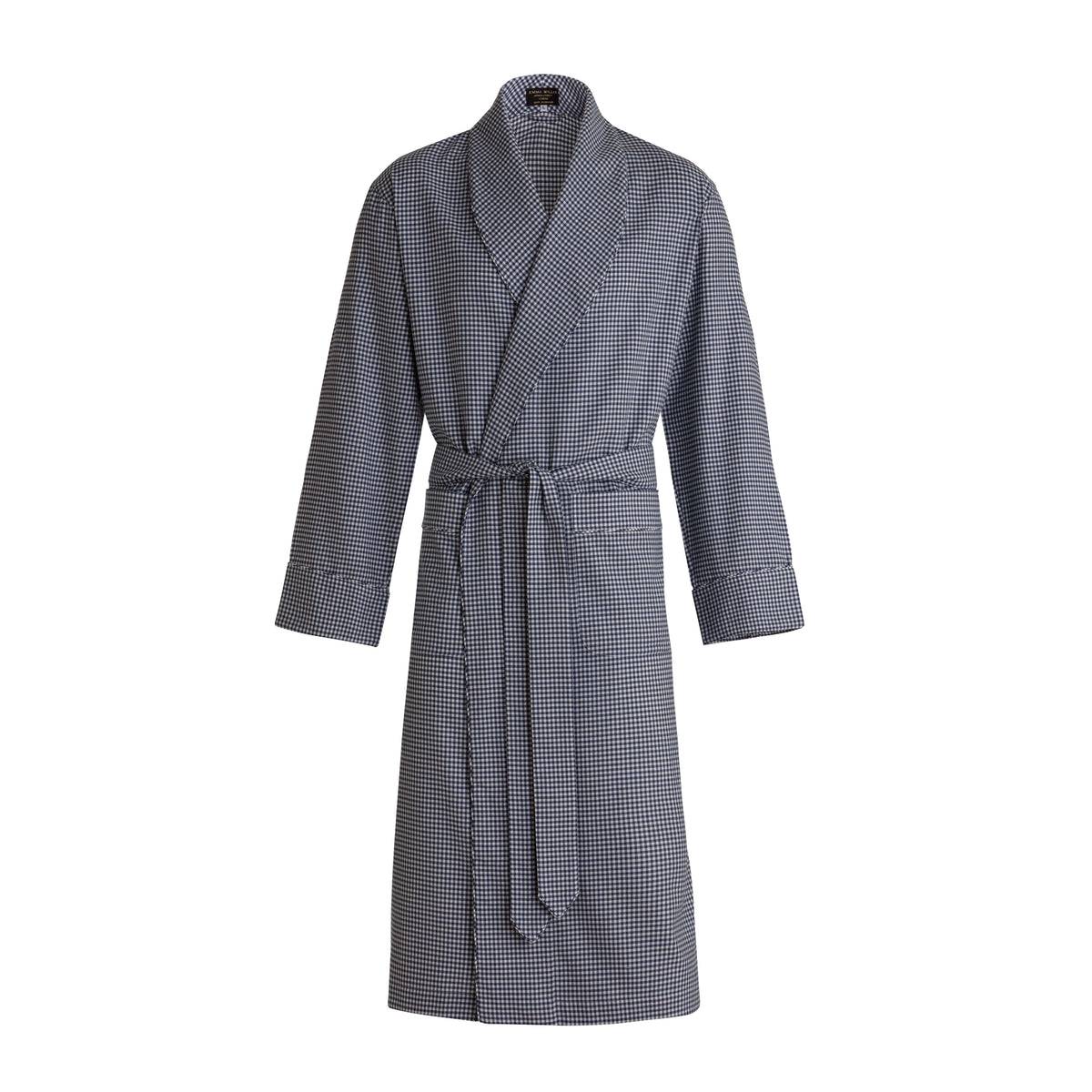 Navy Gingham Wool Cotton Blend Dressing Gown - New