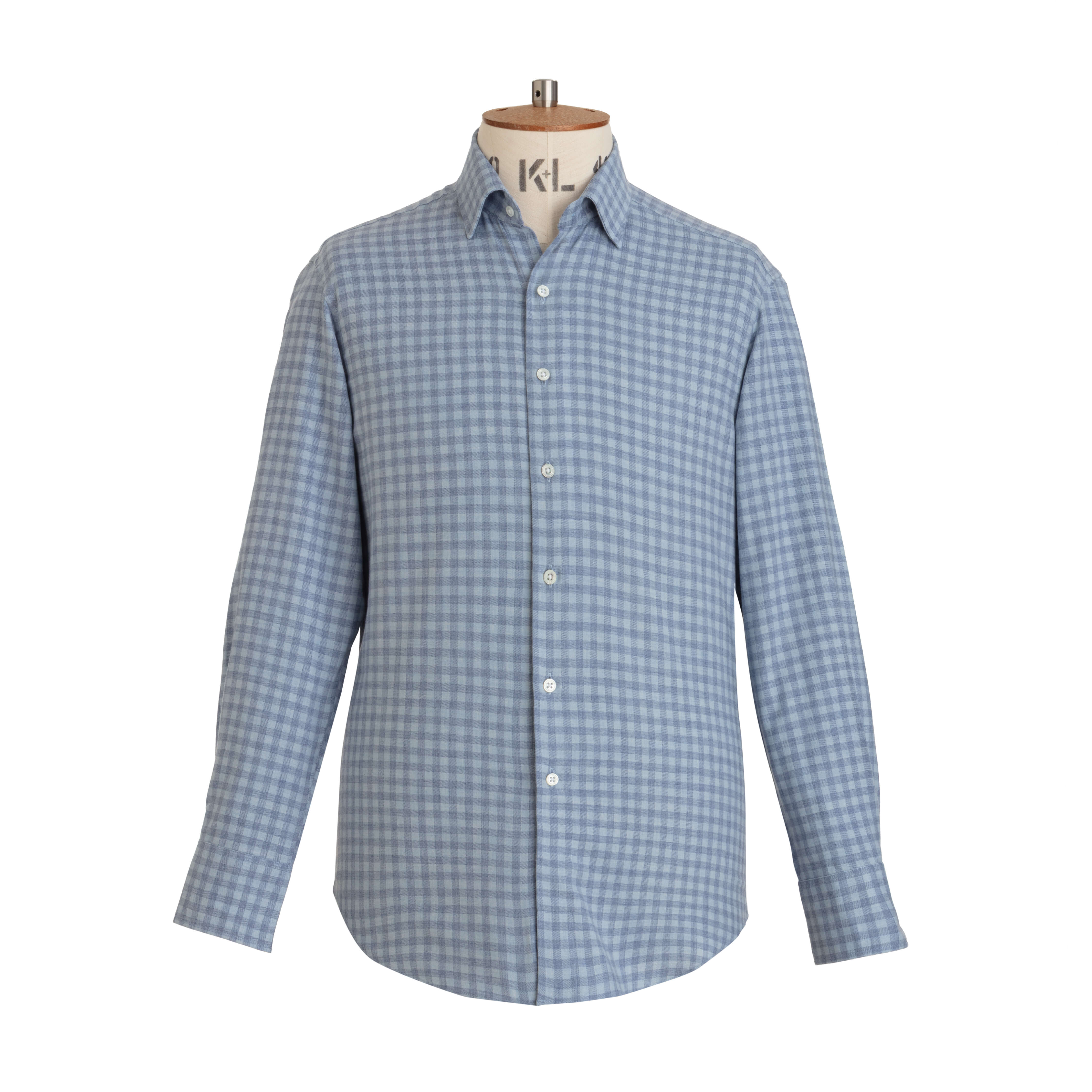 Pale Blue Gingham Wool Cotton Blend Shirt - New