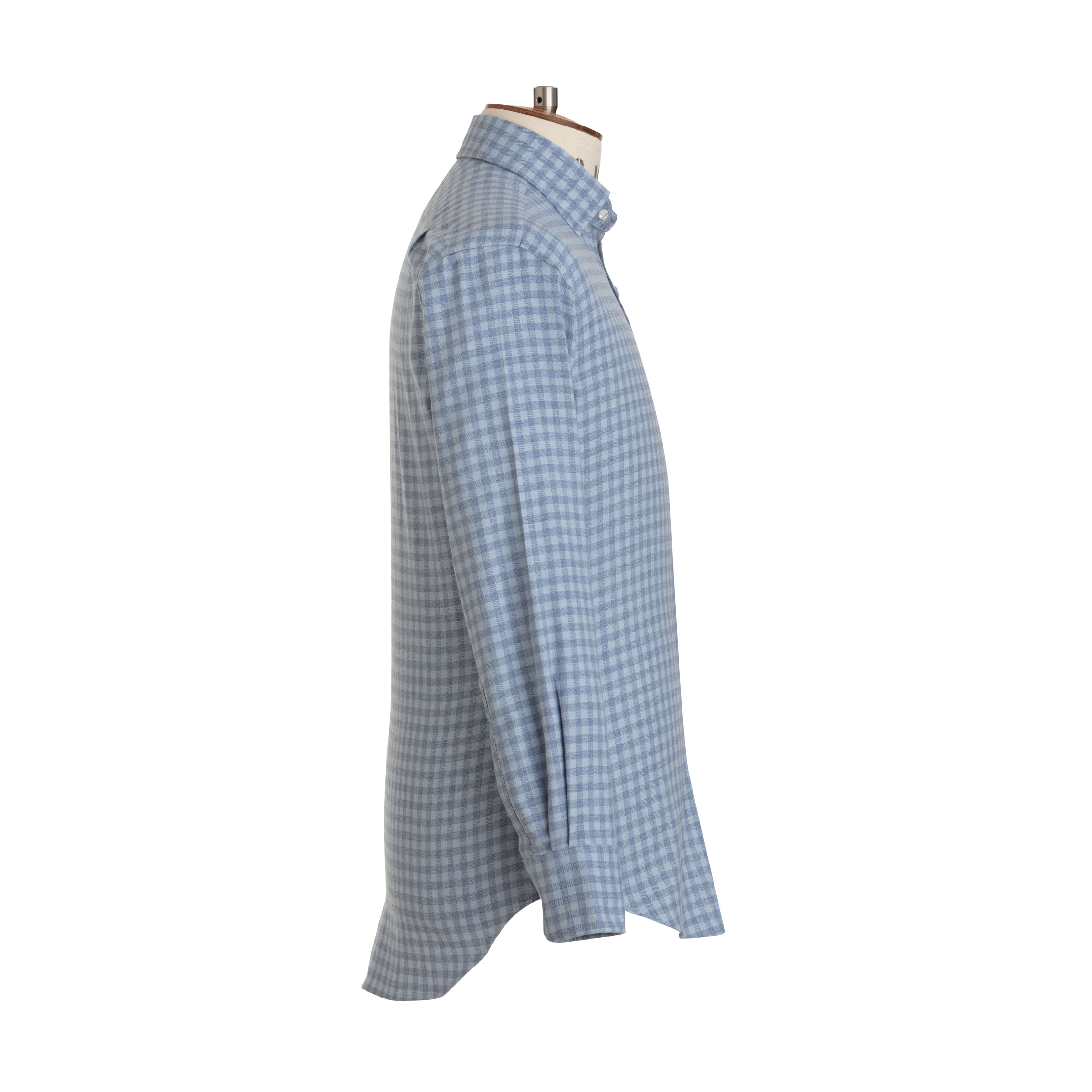 Pale Blue Gingham Wool Cotton Blend Shirt - New