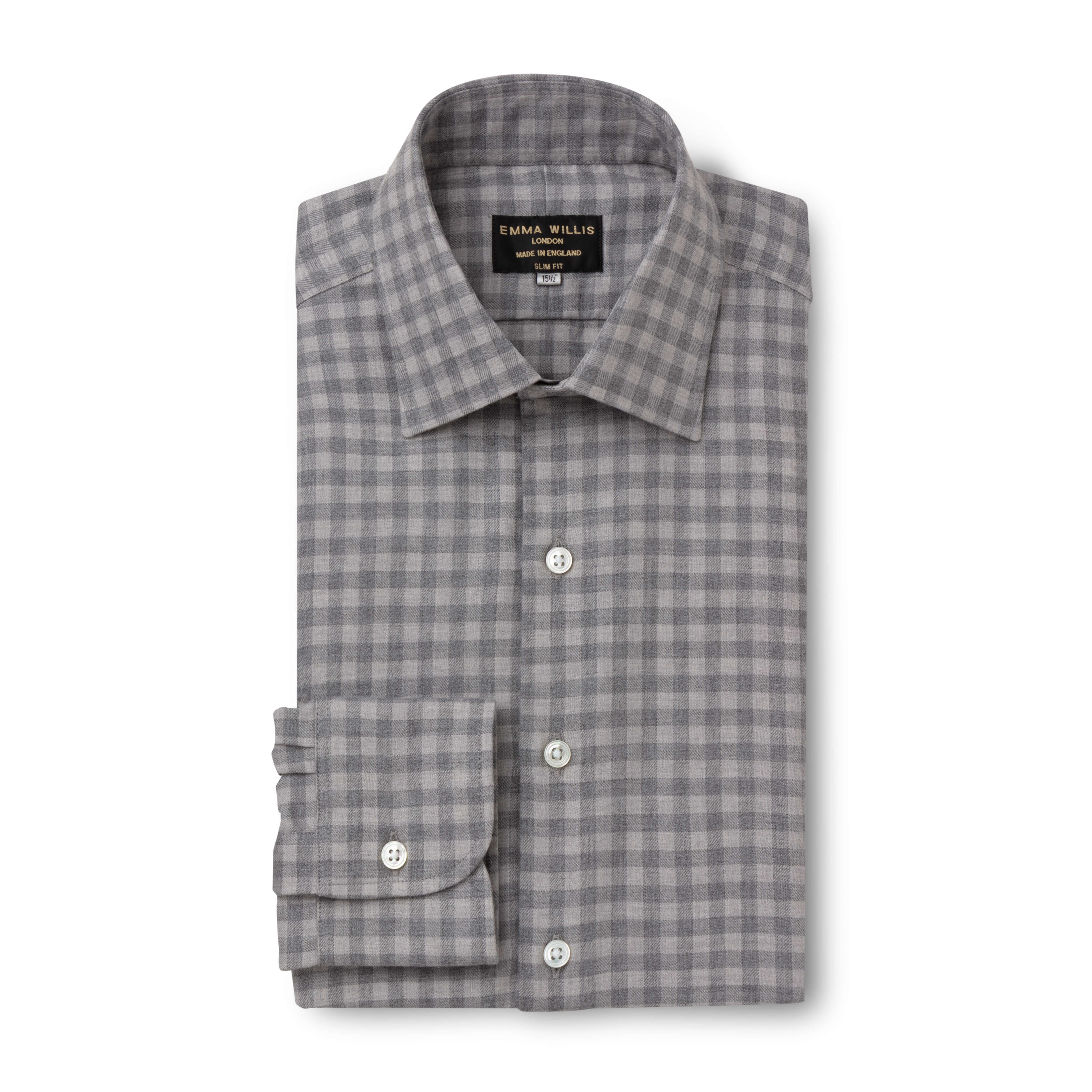 Pale Grey Gingham Wool Cotton Blend Shirt - New