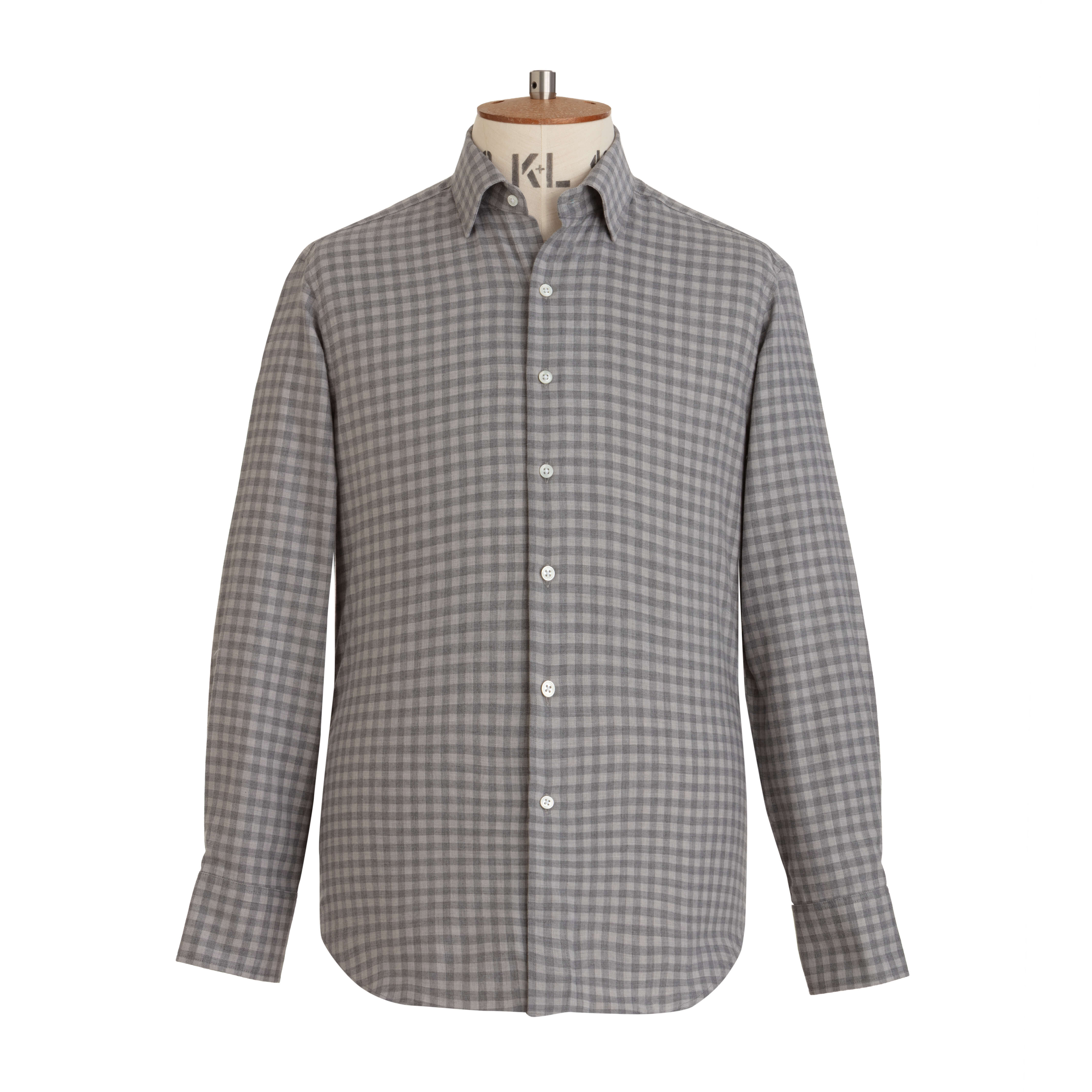 Pale Grey Gingham Wool Cotton Blend Shirt - New