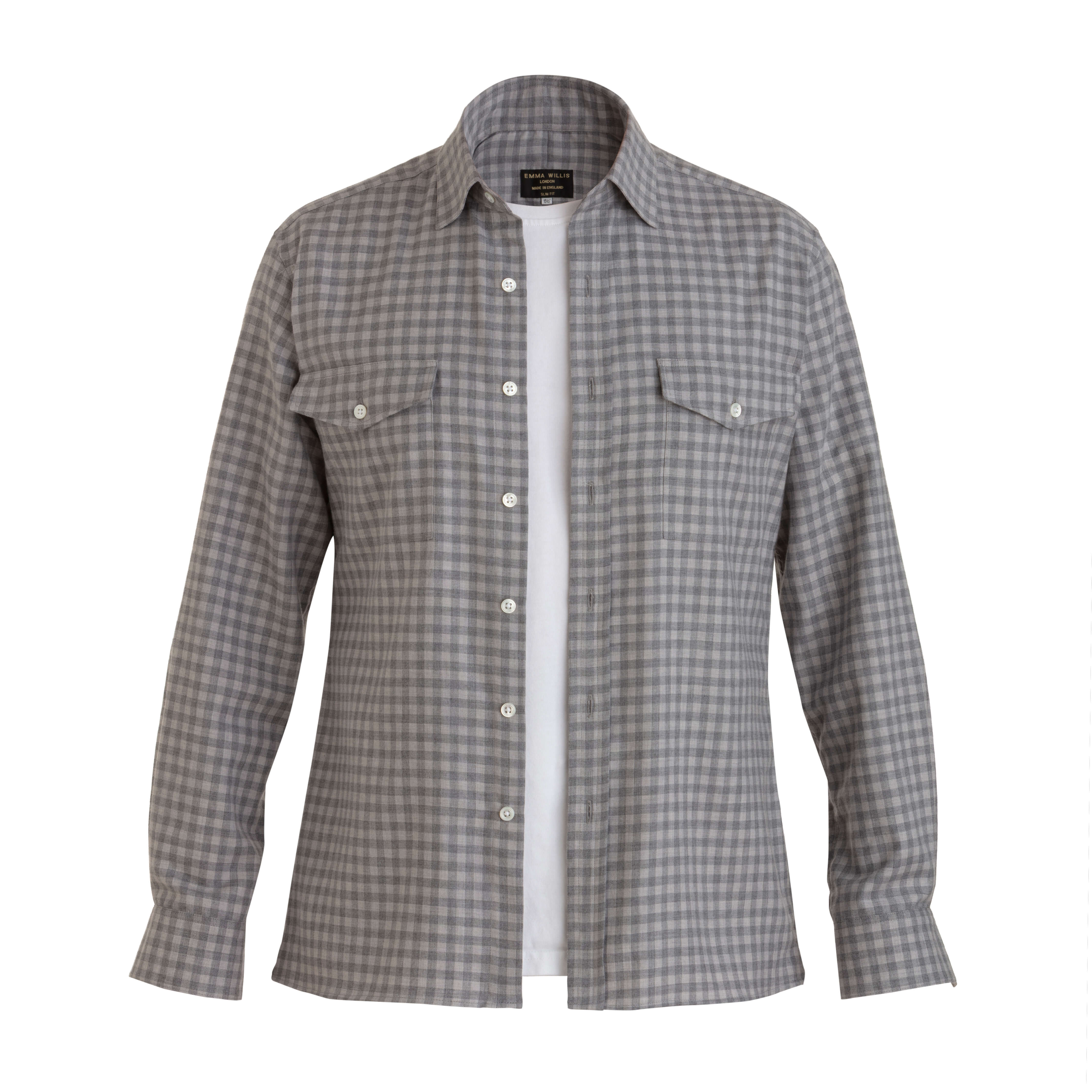 Pale Grey Gingham Wool Cotton Blend Over Shirt - New