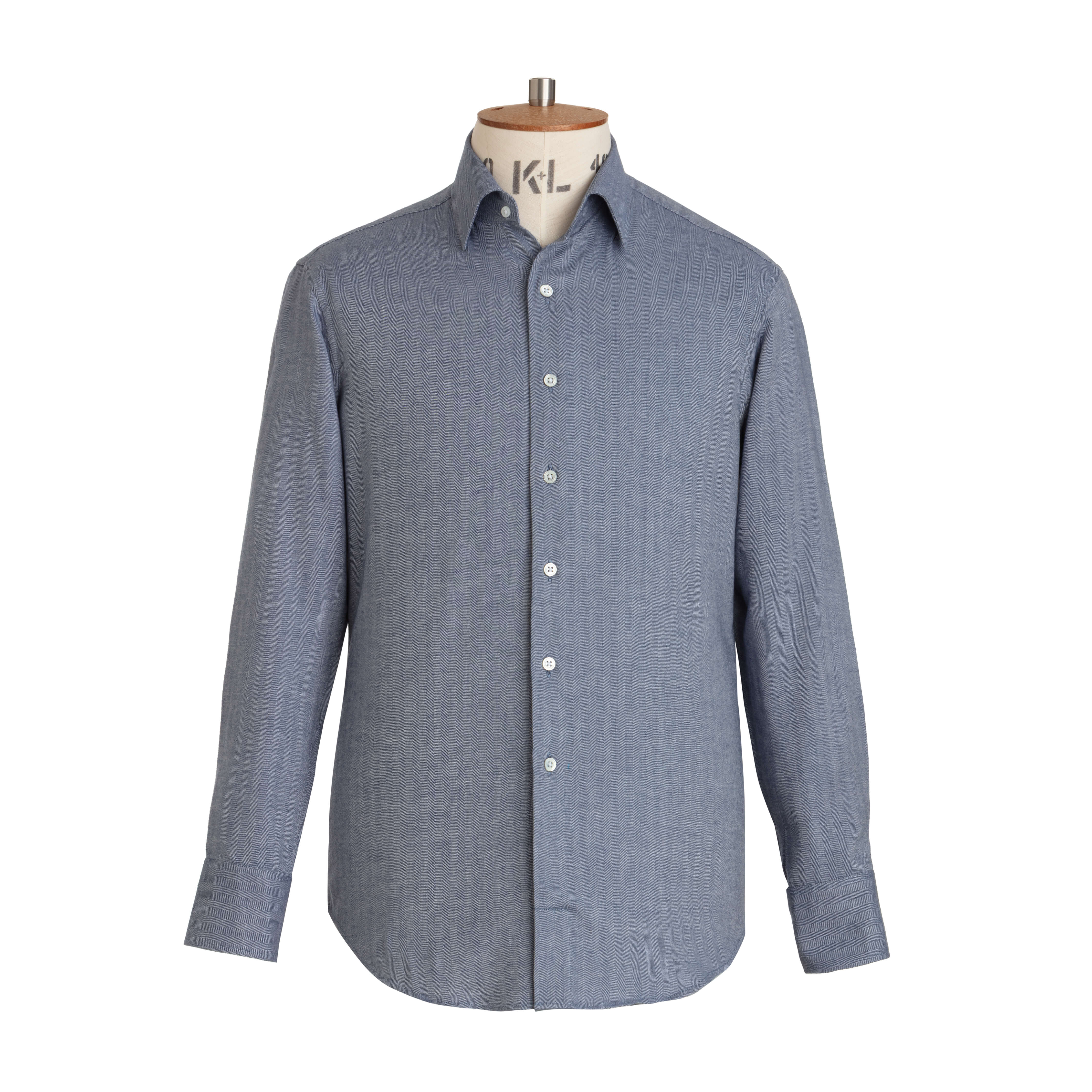 Blue Herringbone Wool Cotton Blend Shirt - New