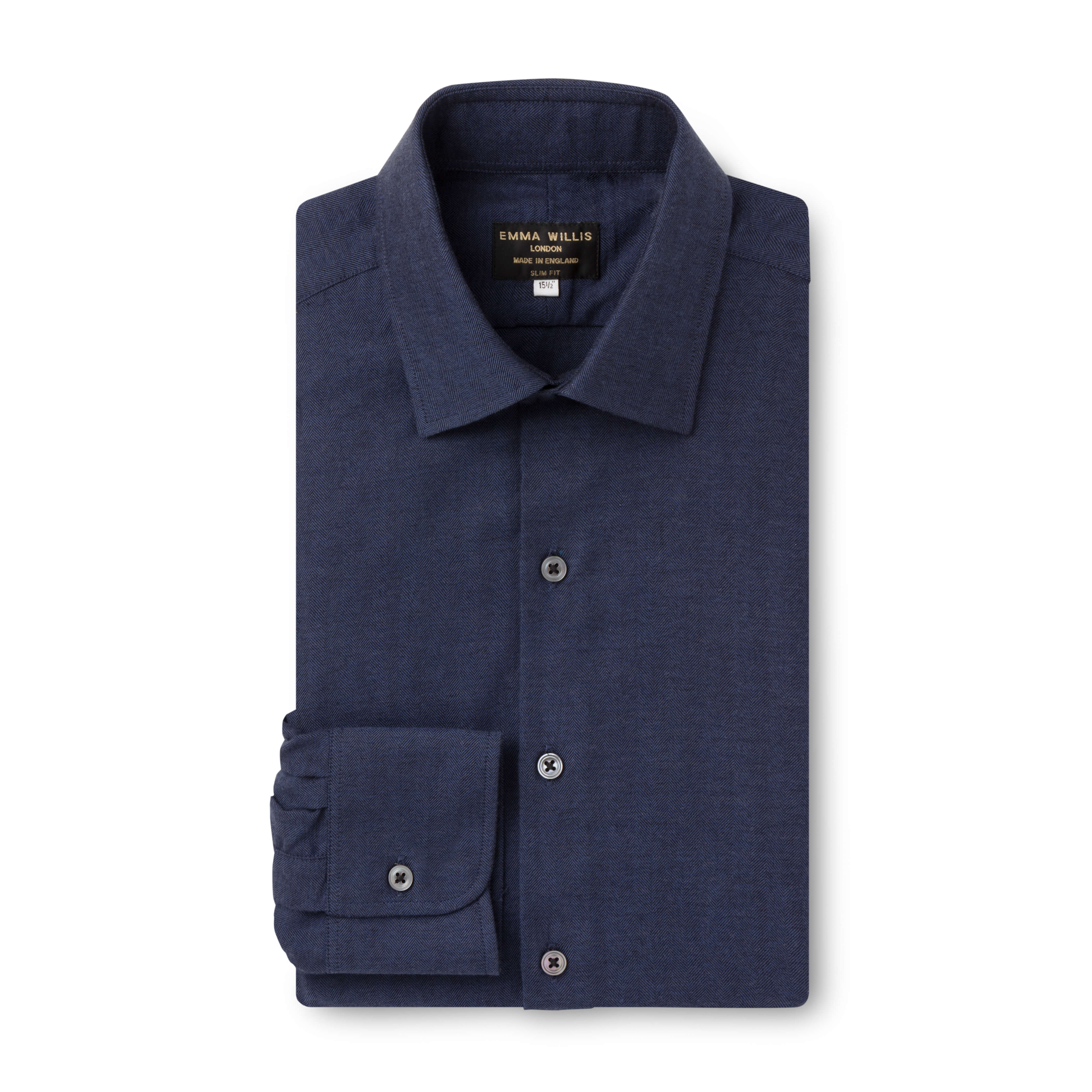Denim Blue Herringbone Wool Cotton Blend Shirt - New
