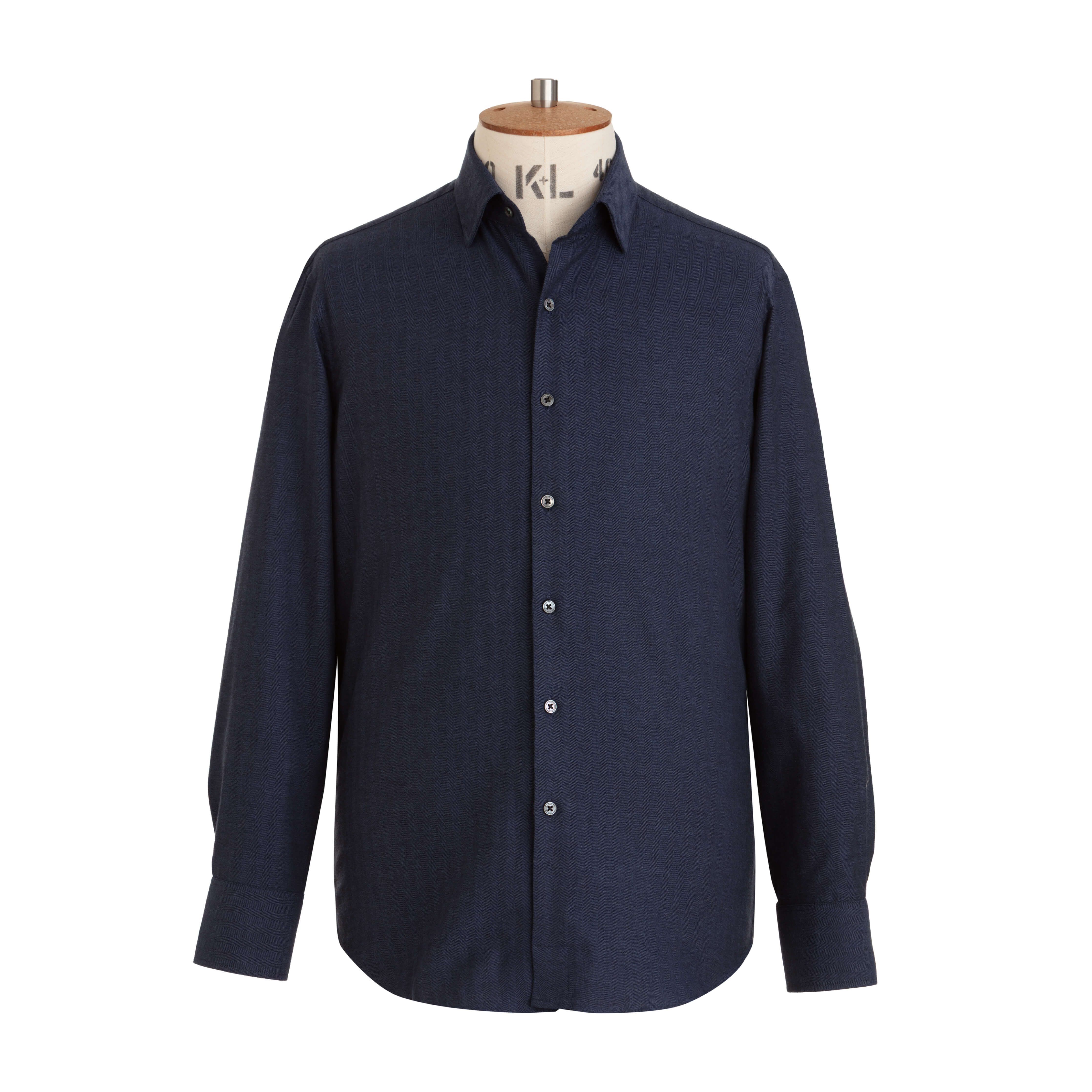 Denim Blue Herringbone Wool Cotton Blend Shirt - New