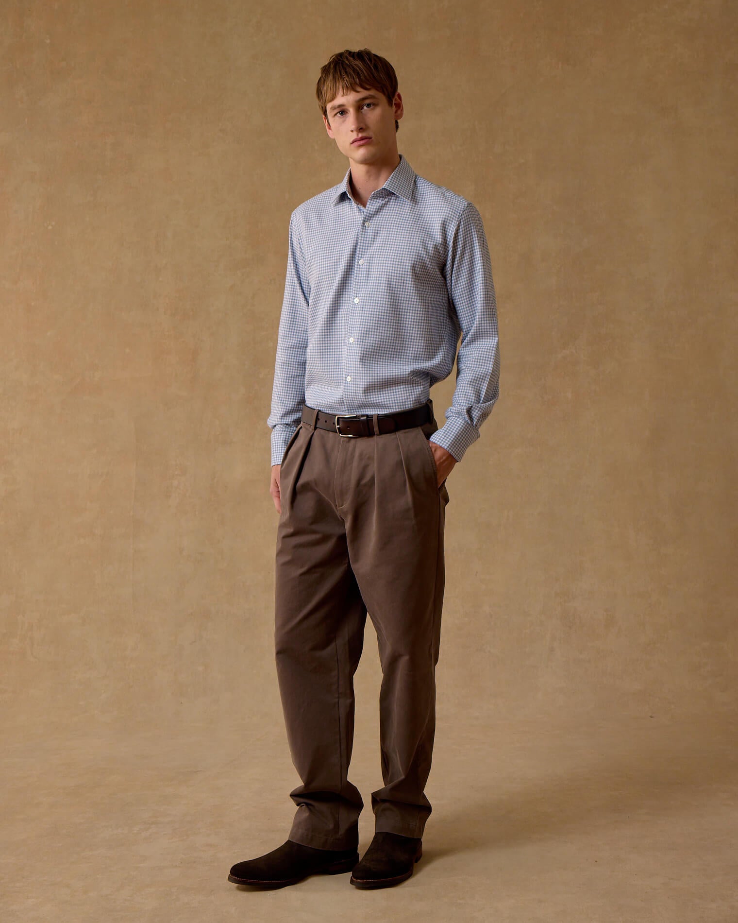 Blue Gingham Wool Cotton Blend Shirt - New