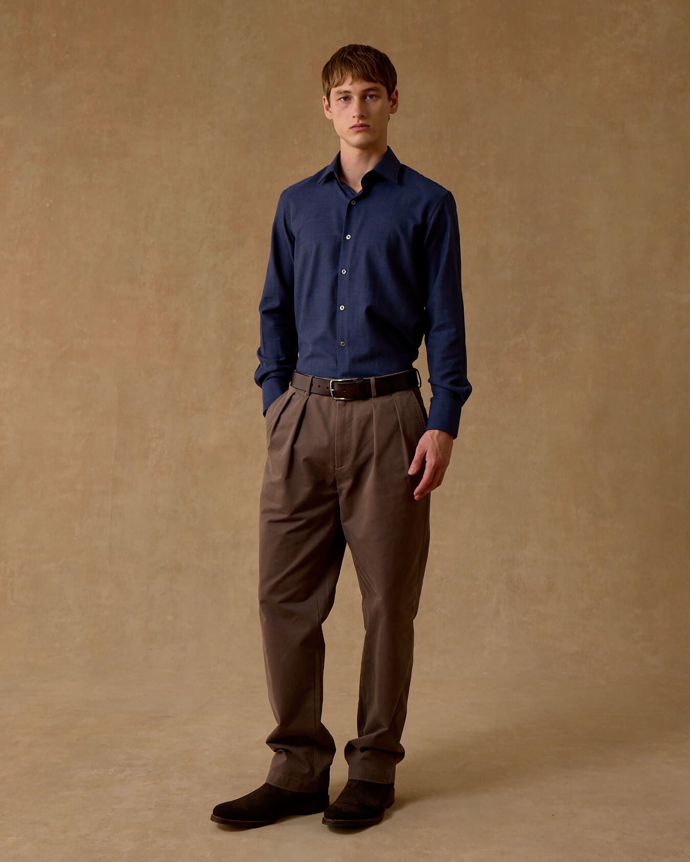 Denim Herringbone Wool Cotton Blend Shirt - New