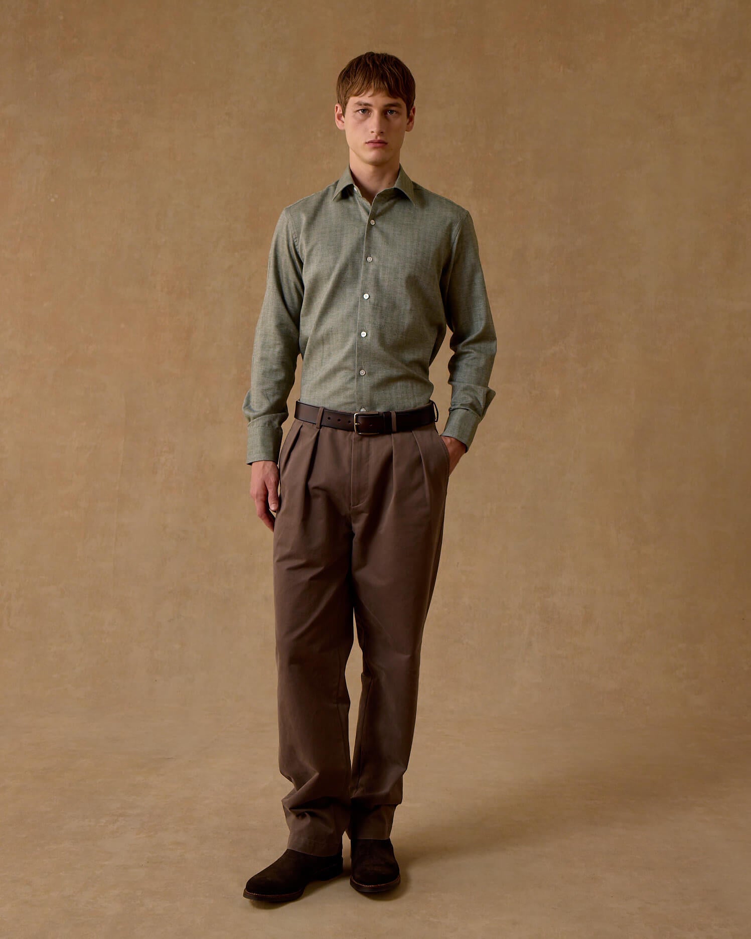 Moss Herringbone Wool Cotton Blend Shirt - New