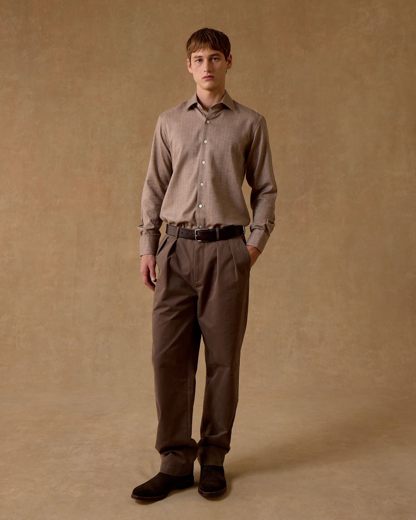 Oatmeal Herringbone Wool Cotton Blend Shirt - New