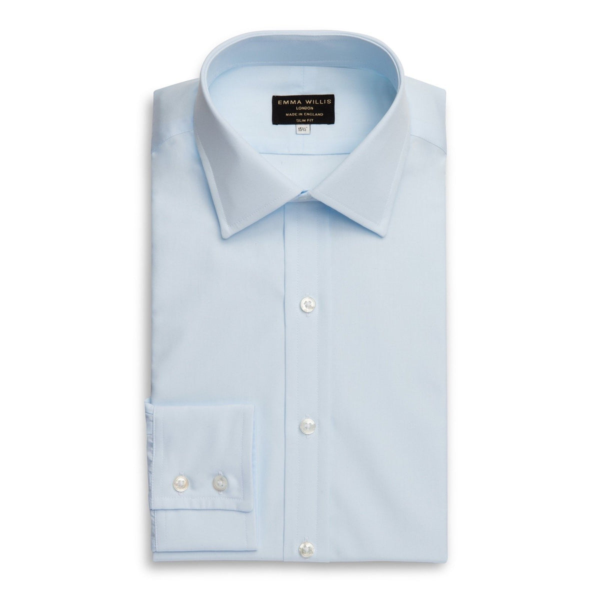An ice blue Swiss poplin shirt with a classic collar, shown flat.