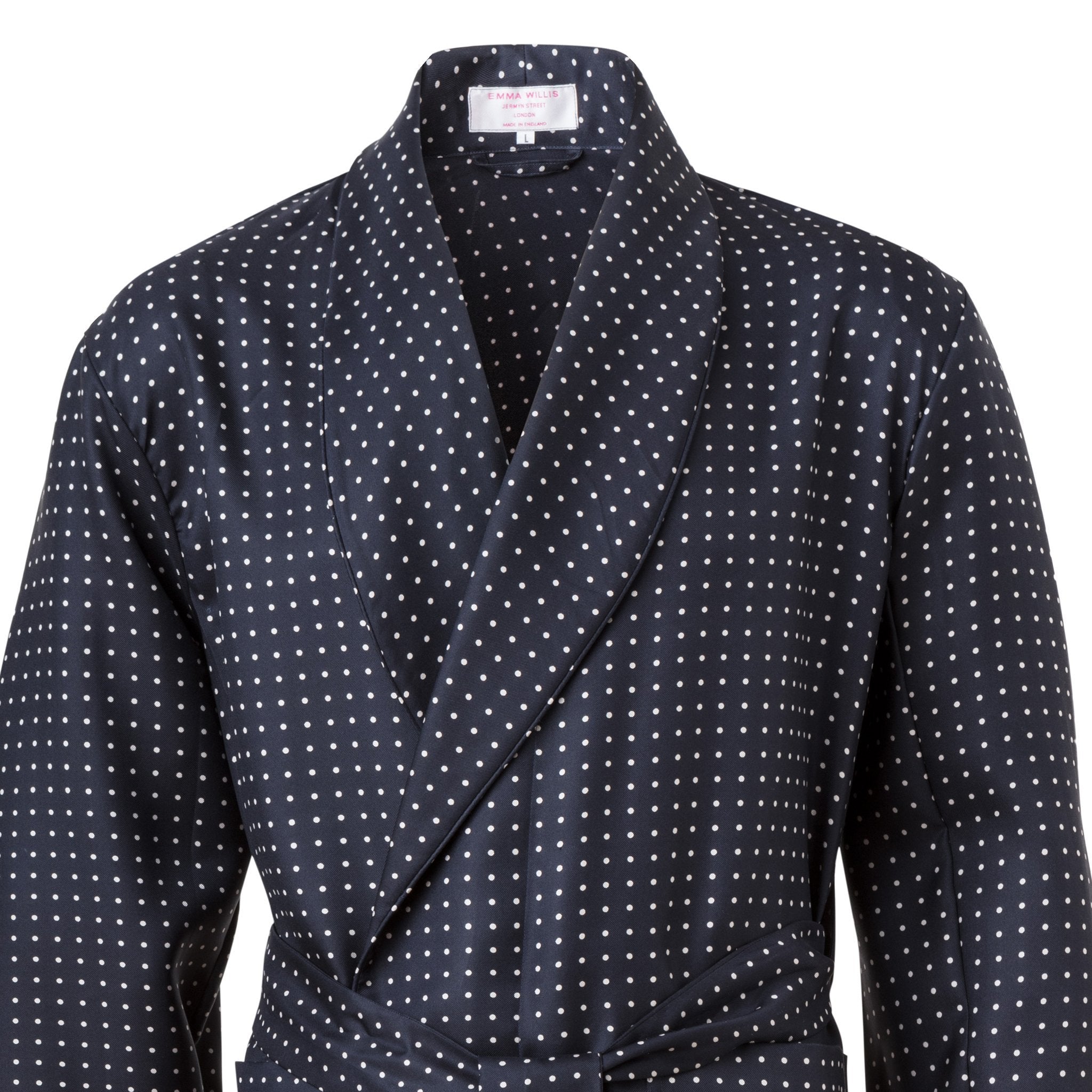 Navy and White Spot Silk Dressing Gown freeshipping - Emma Willis