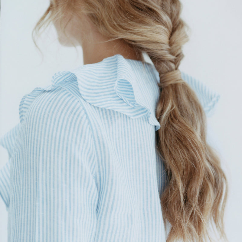 Sky Bengal Stripe Linen Ruffle Shirt freeshipping - Emma Willis