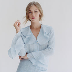Sky Bengal Stripe Linen Ruffle Shirt freeshipping - Emma Willis