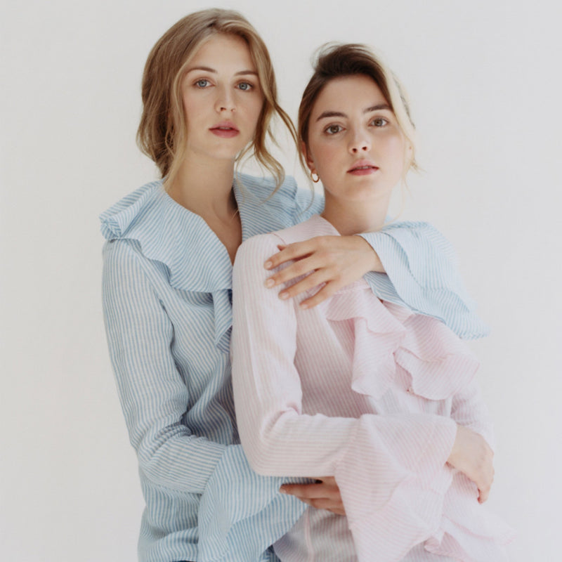 Sky Bengal Stripe Linen Ruffle Shirt freeshipping - Emma Willis