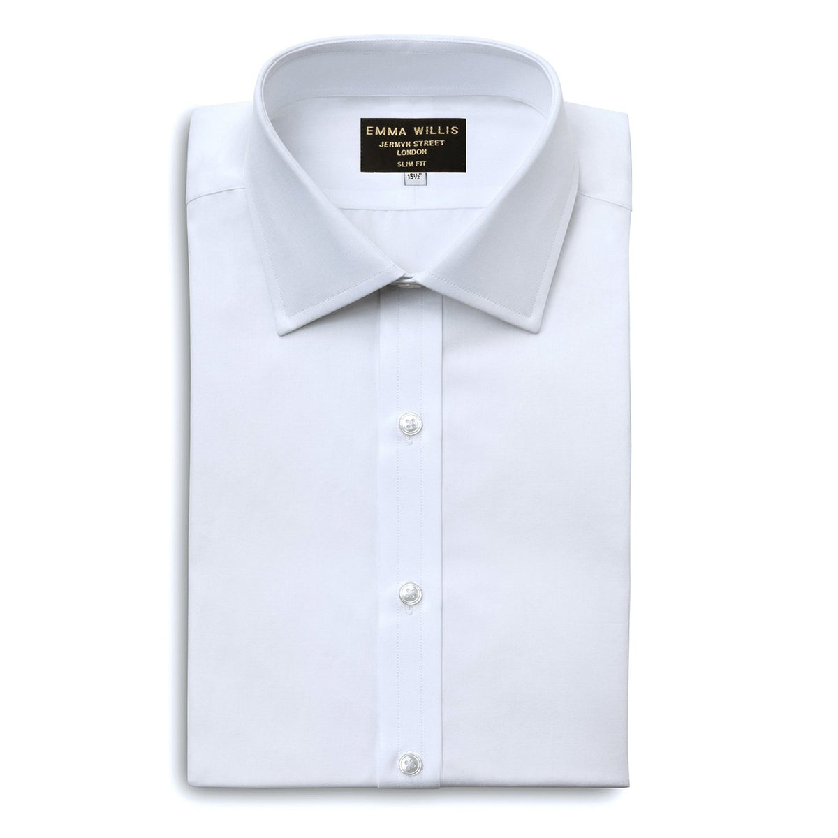 A white Sea Island cotton shirt with a classic collar and double cuffs, shown flat.